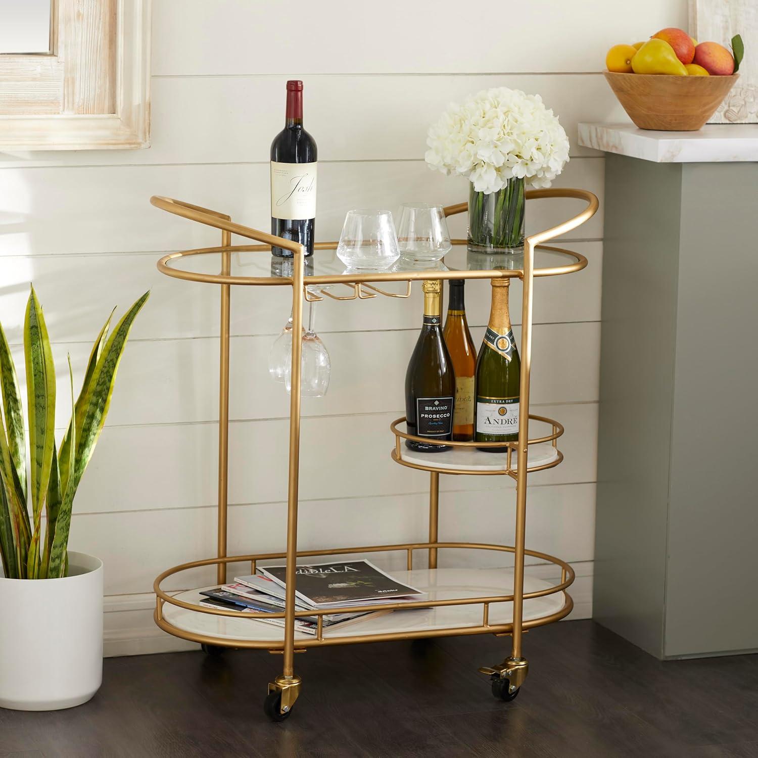 Elegant Gold Oval 3-Tier Marble and Glass Bar Cart with Wheels