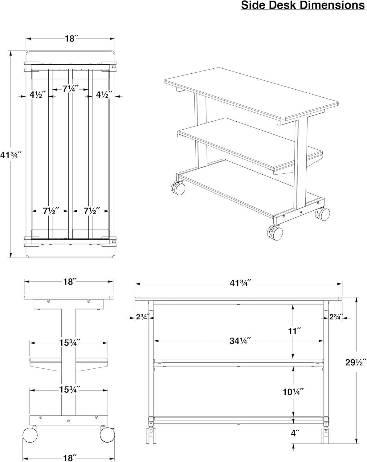 Stand Up Desk Store 3-Shelf Rolling Desk Return Side Desk Organizer and Bookcase on Wheels