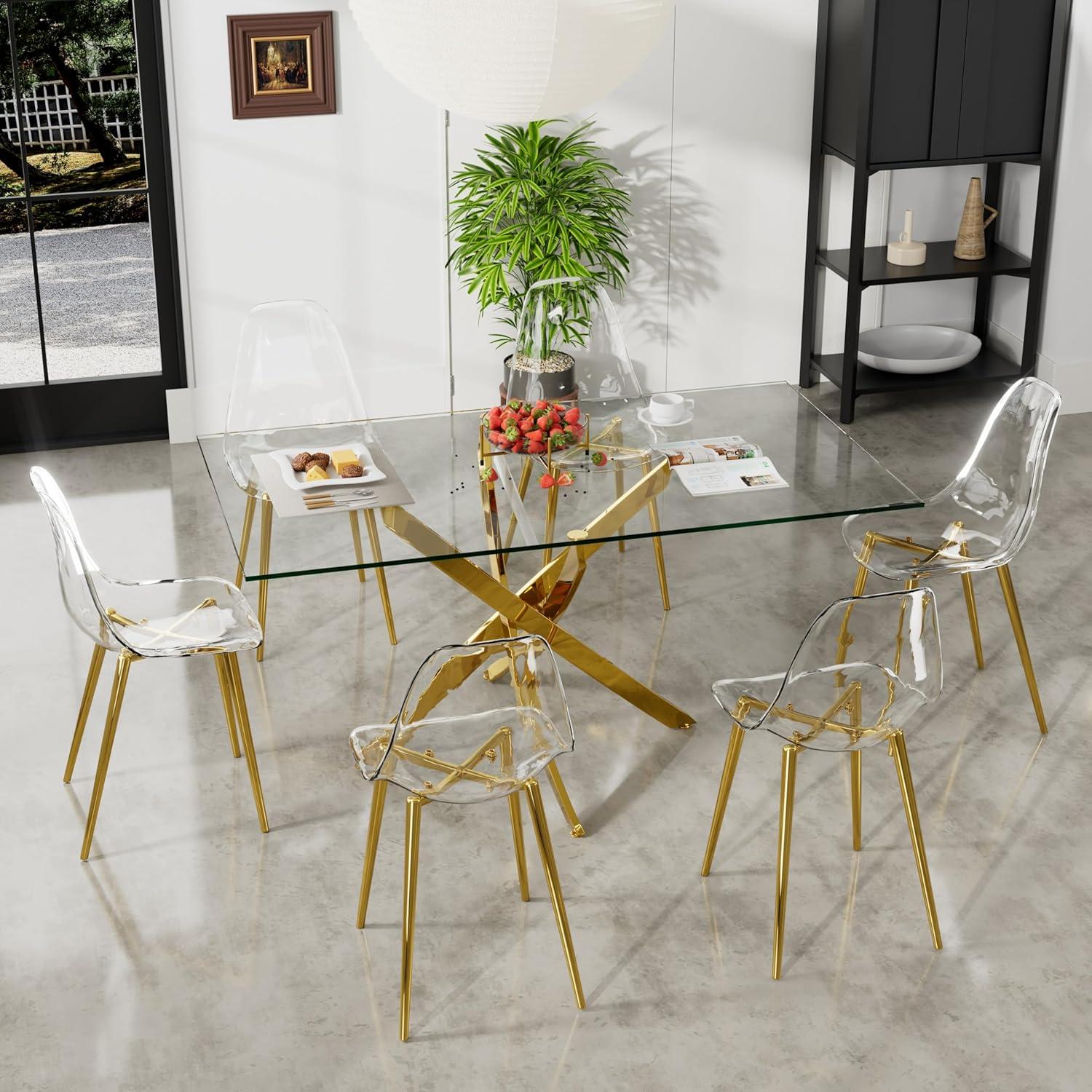 63'' Gold Glass Rectangular Dining Table with Metal Cross Legs