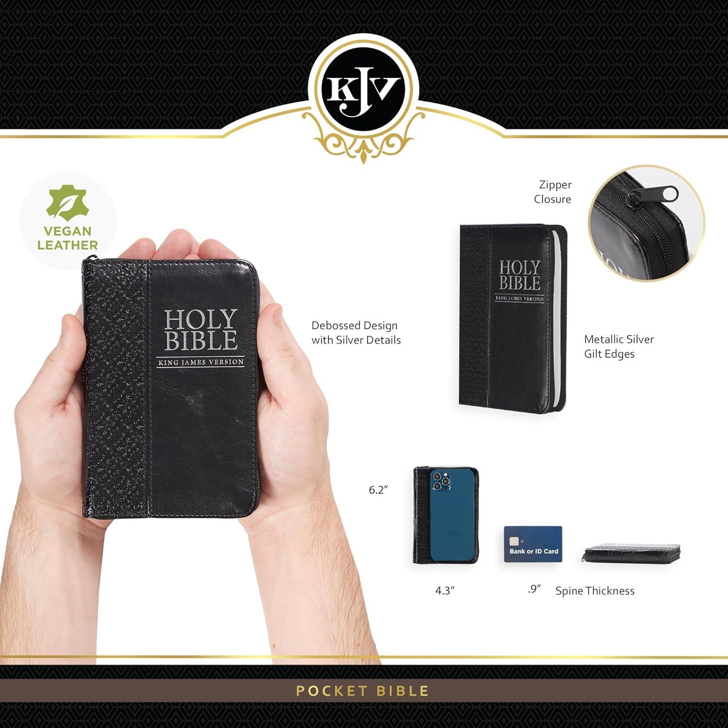 KJV Holy Bible, Mini Pocket Size, Faux Leather w/Ribbon, King James Version, Black, Zipper Closure, 6.2" x 4.3"