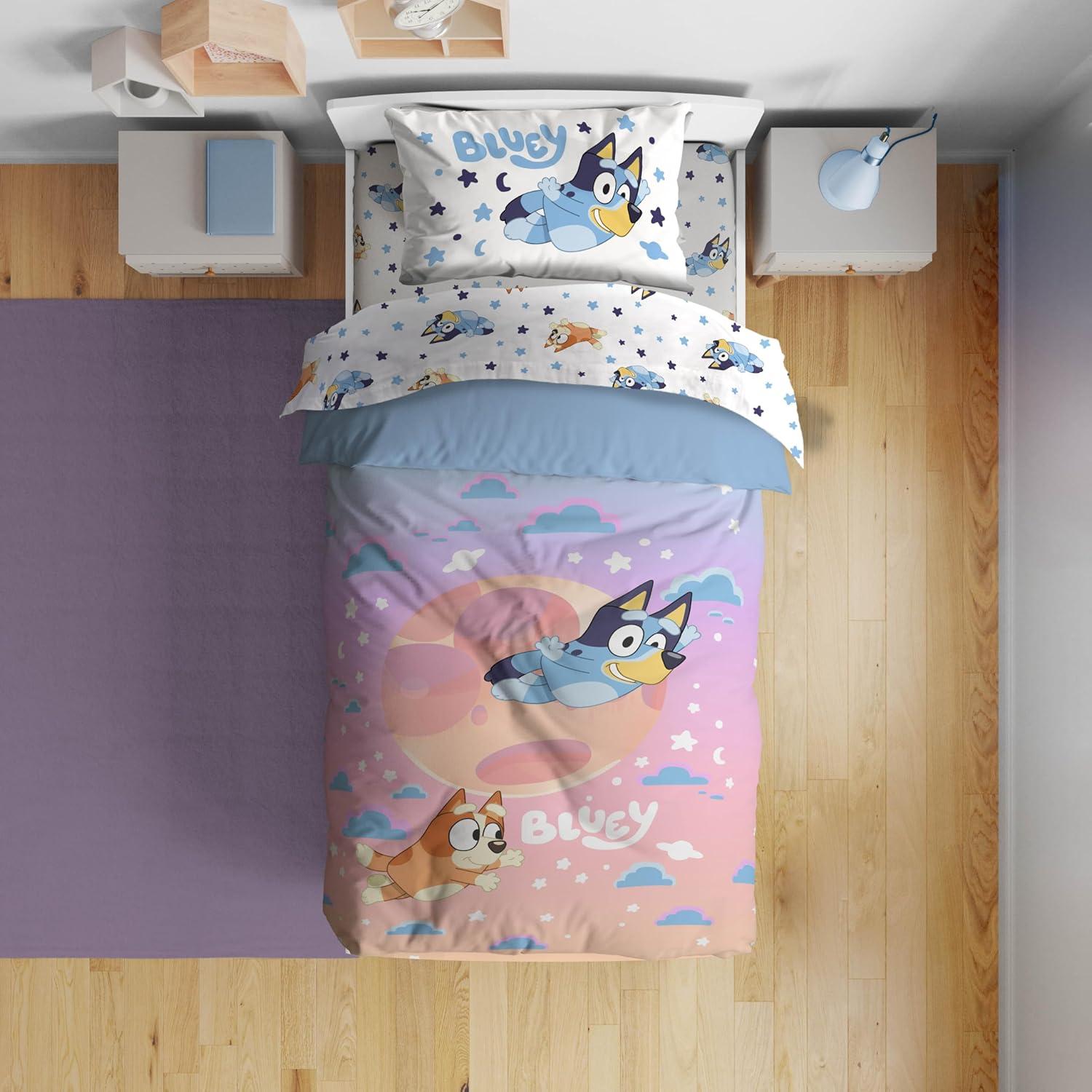 BBC Bluey Sisters Sleepy Time 5 Piece Twin Size Kids Bed Set with Shams