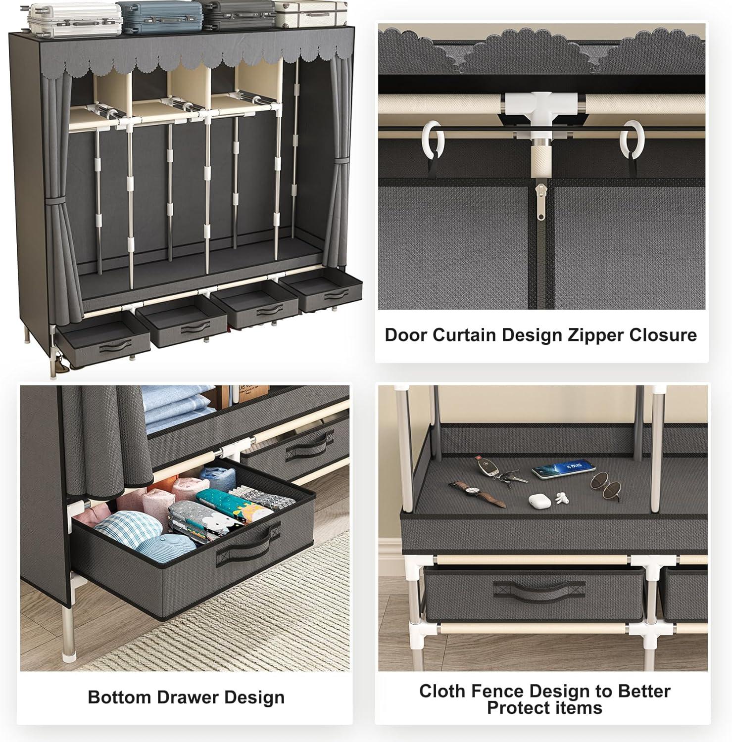 Large Portable Wardrobe with 4 Hanging Rods and Drawers, Armoire, Metal Storage Wardrobe Hangers, Upgraded Grey Non-Woven Dust Cover for Handing Closet,Large Closets for Bedroom