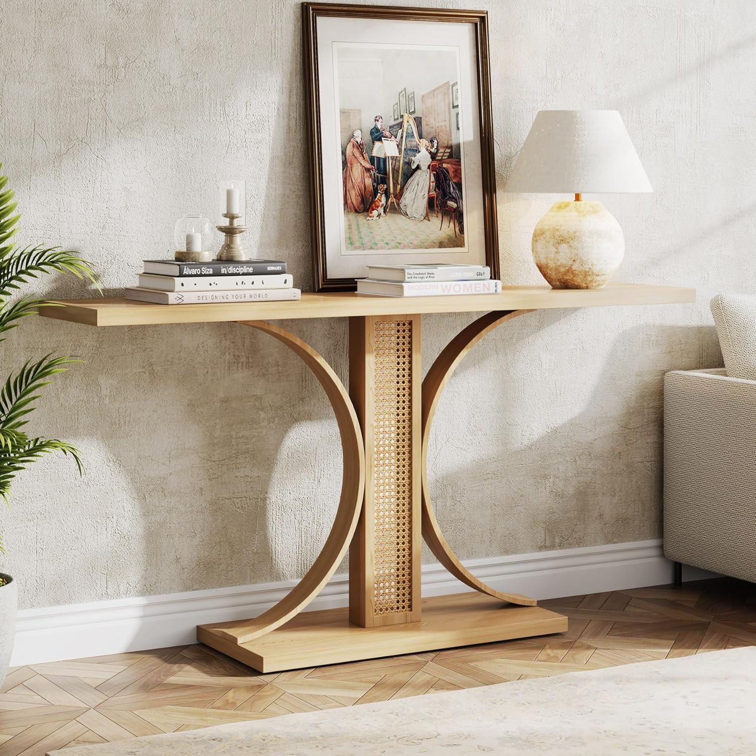 Tribesigns 55 Inches Rattan Console Table, Farmhouse Hallway Table, Light Brown