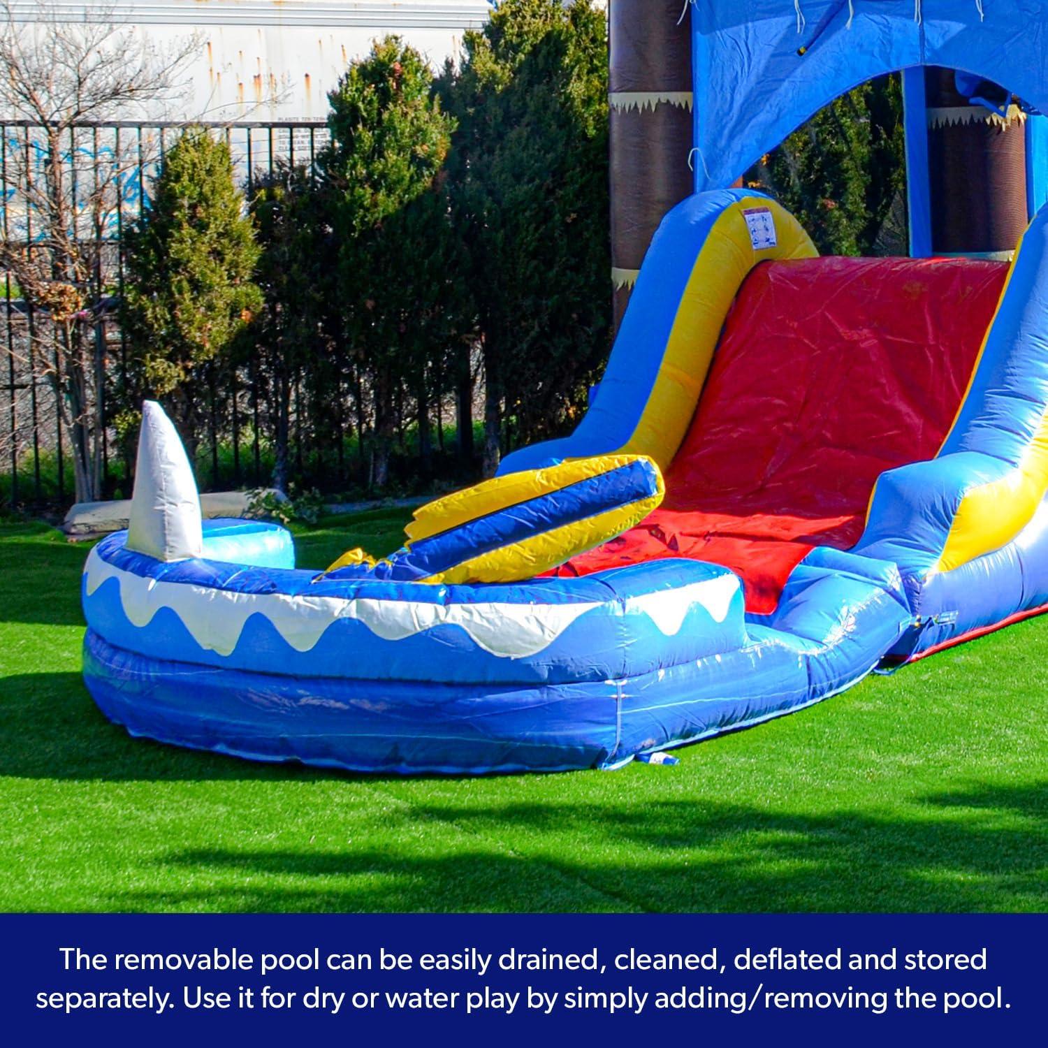 HeroKiddo Ocean Shark Commercial Grade Bounce House Water Slide with Splash Pool for Kids and Adults (with Blower), Basketball Hoop, Outdoor Indoor, Wet Dry Combo, Big Inflatable, Rental Quality