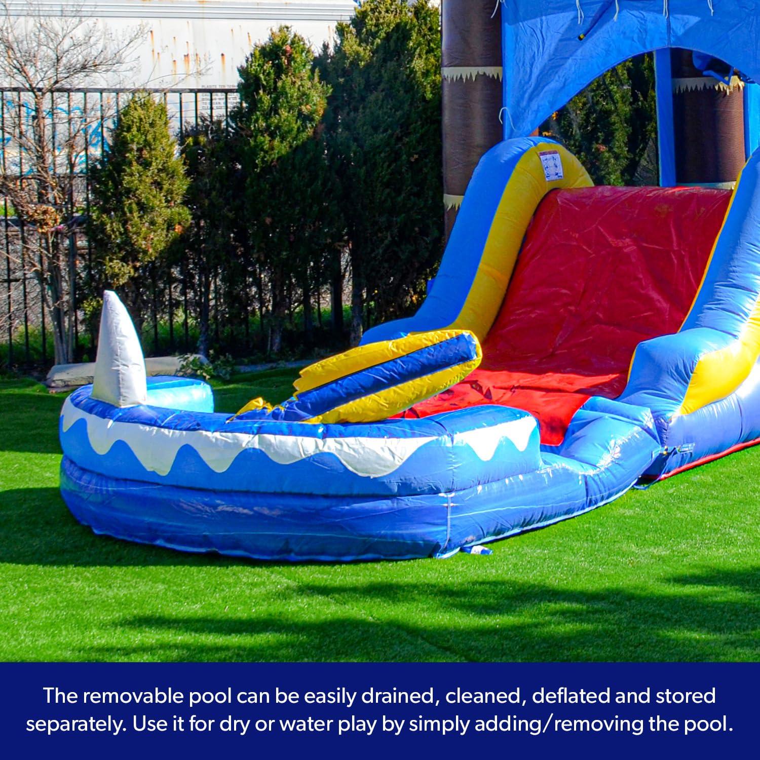 HeroKiddo Ocean Shark Commercial Grade Bounce House Water Slide with Splash Pool for Kids and Adults (with Blower), Basketball Hoop, Outdoor Indoor, Wet Dry Combo, Big Inflatable, Rental Quality