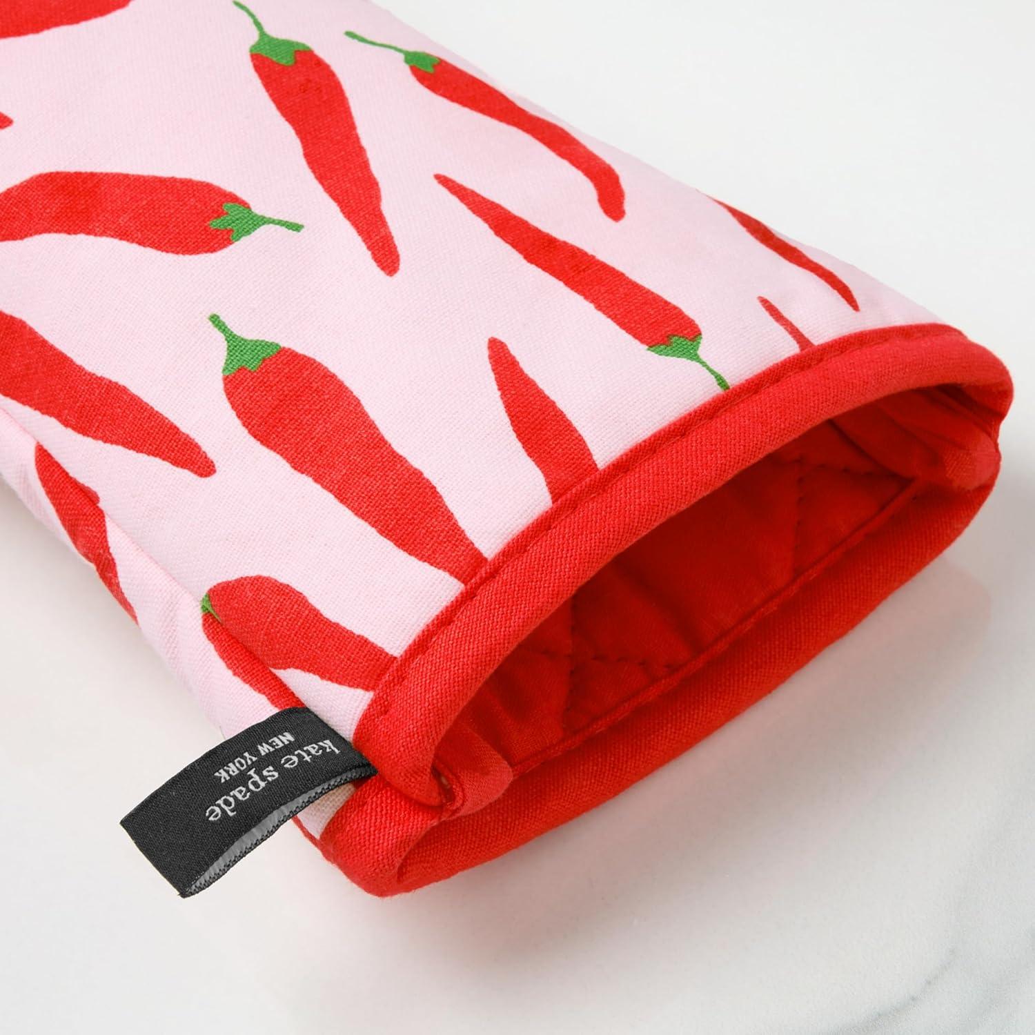 kate spade new york Hot Hot Hot Peppers Oven Mitt 2-Pack Set, Heat Resistant, 100% Cotton, Red/Pink, 7"x13"
