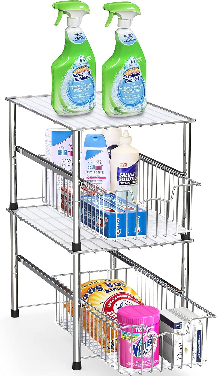 Simple Houseware Stackable Under Sink Cabinet Pull Out Sliding Basket Organizer Drawer, Chrome