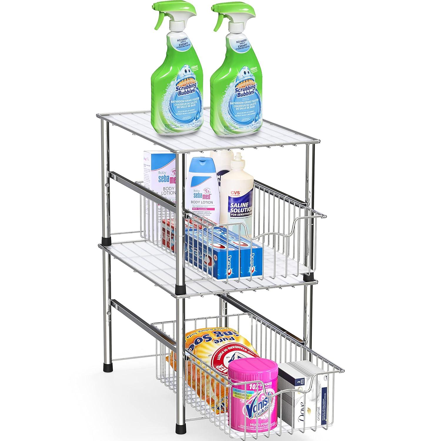 Chrome Stackable Metal Cabinet Organizer Basket Drawer