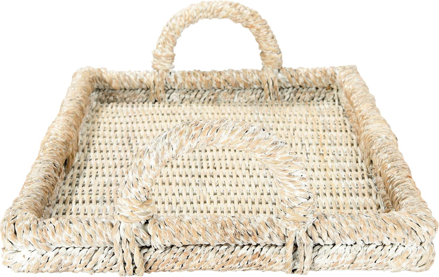 Creative Co-Op Decorative Rattan Trays with Handles & Whitewashed Finish (Set of 2 Sizes)