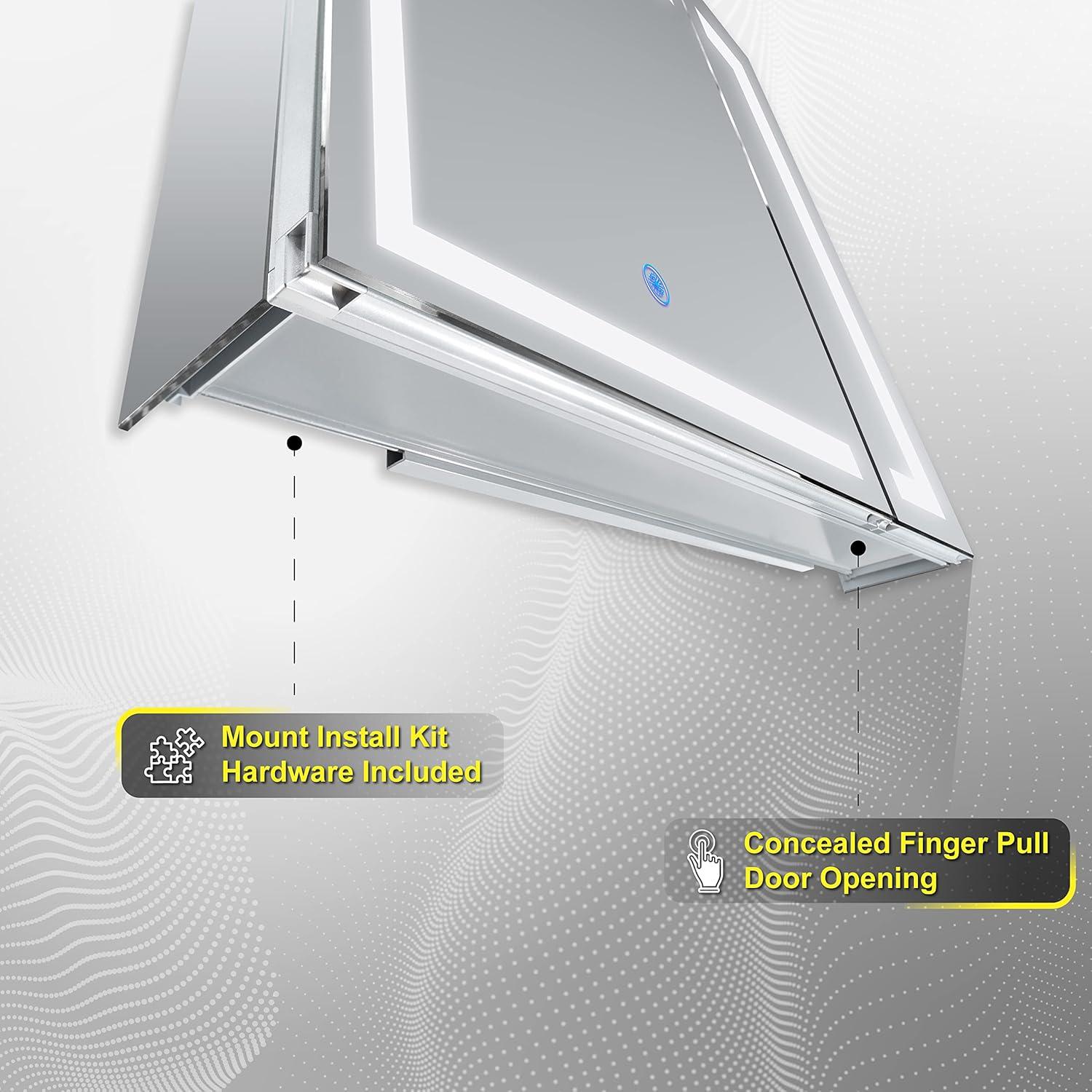 DECADOM LED Mirror Medicine Cabinet Recessed or Surface, Dimmer, Clock, Room Temp Display, Dual Outlets (Duna 36x32)