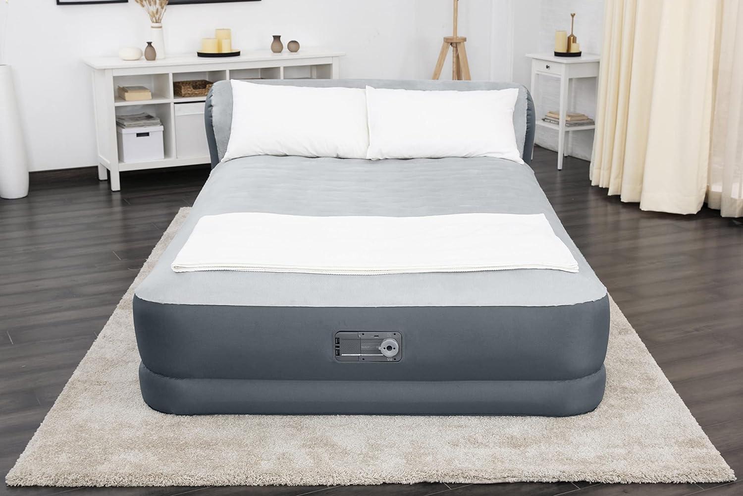 Queen Gray Raised Air Mattress with Built-in Pump and Headboard