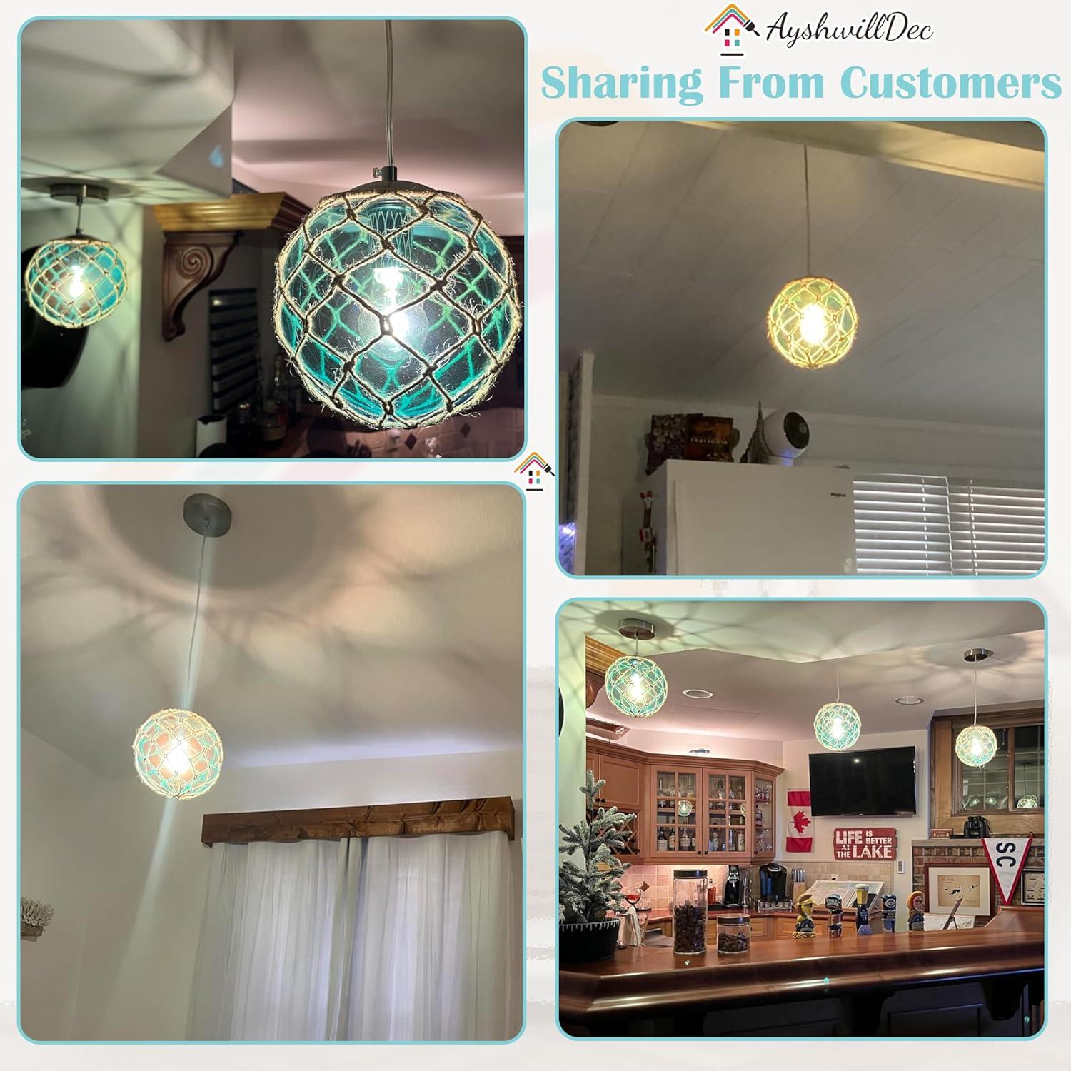 Blue Pendant Light Coastal Pendant Light Nautical Pendant Lighting Beach House Lighting Fixtures Ocean Lighting Fixture Coastal Hanging Light Fixtures Fish Float Glass Ball Lighting(Bulb Incl.