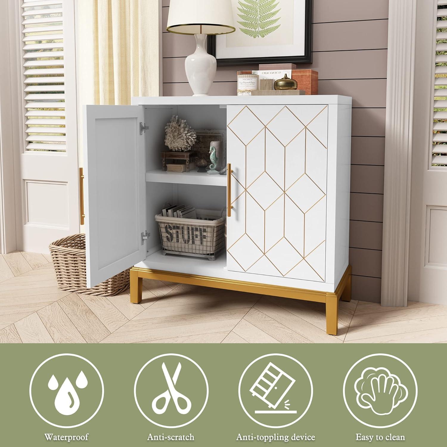 White and Gold Geometric Wooden Accent Cabinet