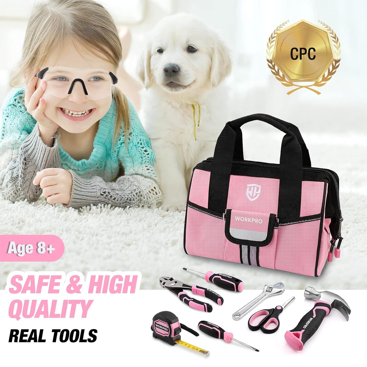 WORKPRO 9-Piece Kids Real Hand Tool Set, Pink Junior Tool Kit with Storage Bag for Boys, Girls, Children DIY Building and Woodworking, Age 8+