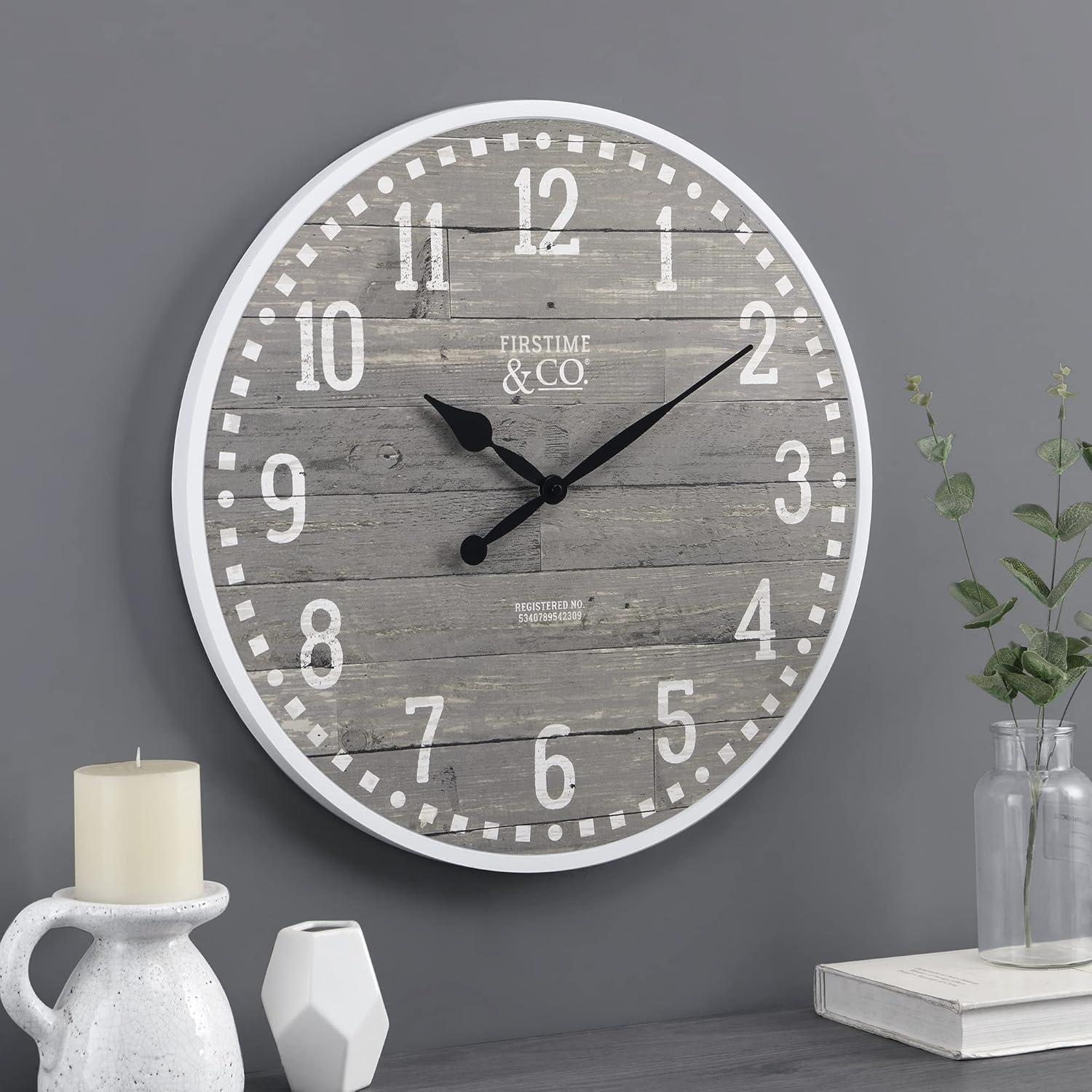 Oversized Gray and White Faux Wood Farmhouse Wall Clock