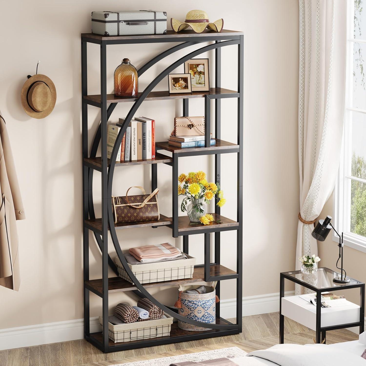 Industrial Rustic Brown 5-Tier Geometric Bookshelf with Black Metal Frame