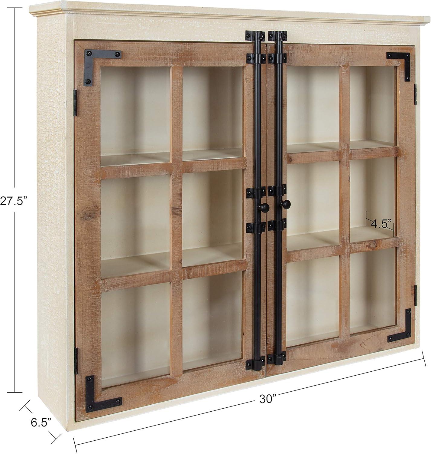 Kate and Laurel Hutchins Decorative Farmhouse Wood Wall Cabinet, 30" x 6.5" x 27.5", White and Brown, Wall Cabinet with Window Pane Glass Door