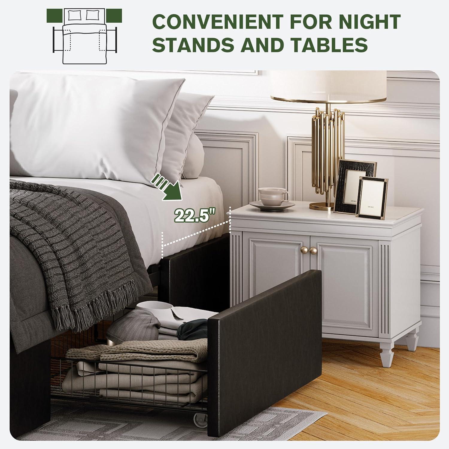 Modern Black Faux Leather Queen Bed Frame with Storage Drawers