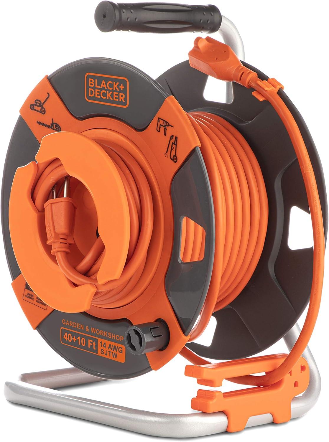 BLACK+DECKER 50' Garden Cord Reel 14AWG 4 Outlets: Outdoor Extension Cord Reel, 13 Amp, 50ft, 3 Conductors, Black