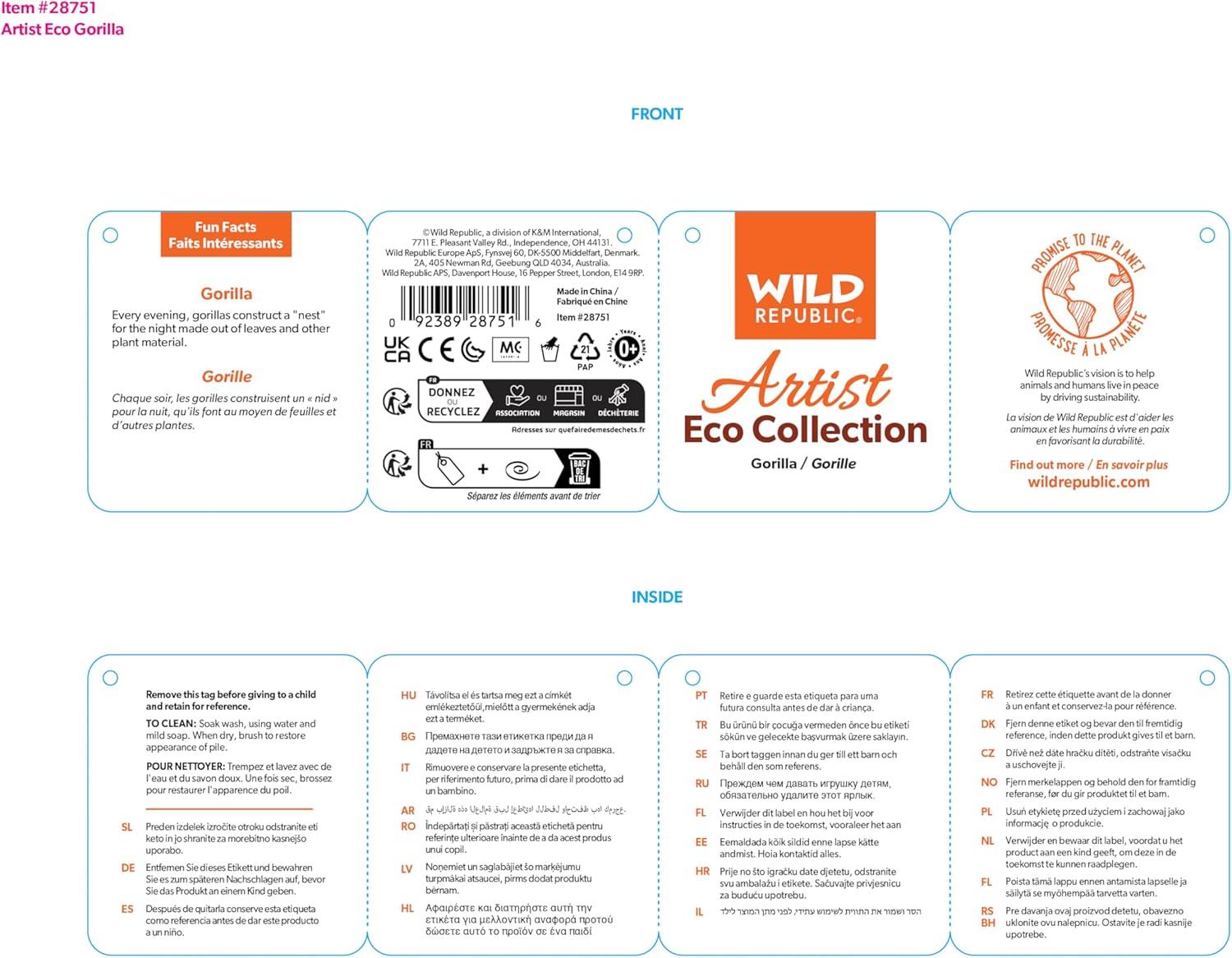 Wild Republic Artist Collection Eco Gorilla Stuffed Animal, 15 Inches