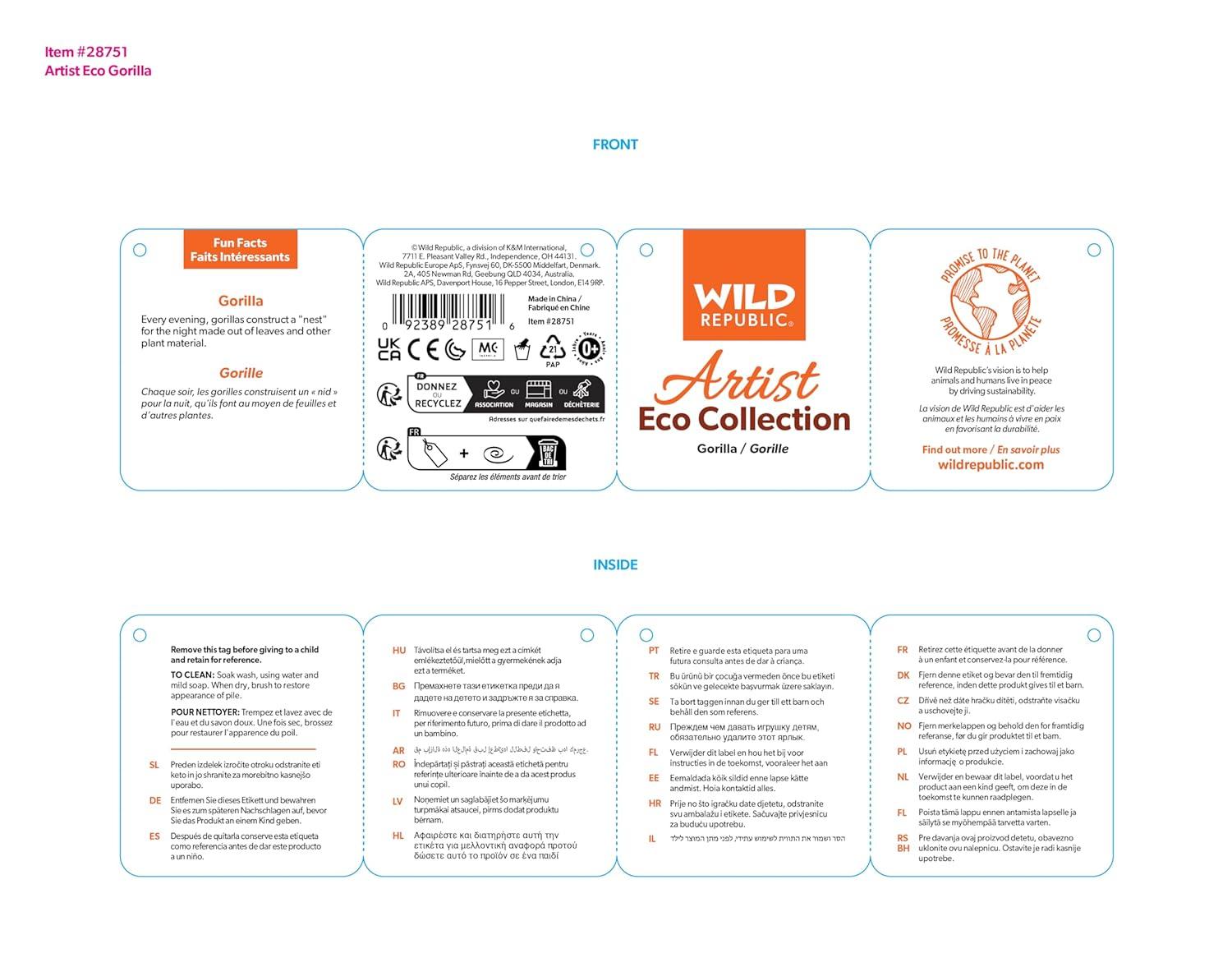 Wild Republic Artist Collection Eco Gorilla Stuffed Animal, 15 Inches