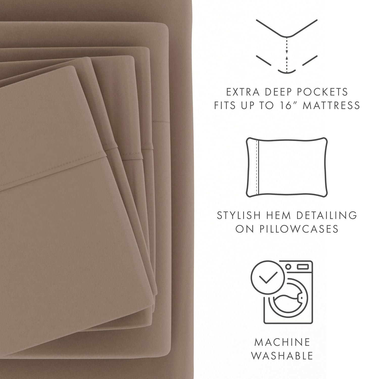 Twin, Taupe Solid Microfiber 6 Piece Bed Sheet Set, by Noble Linens