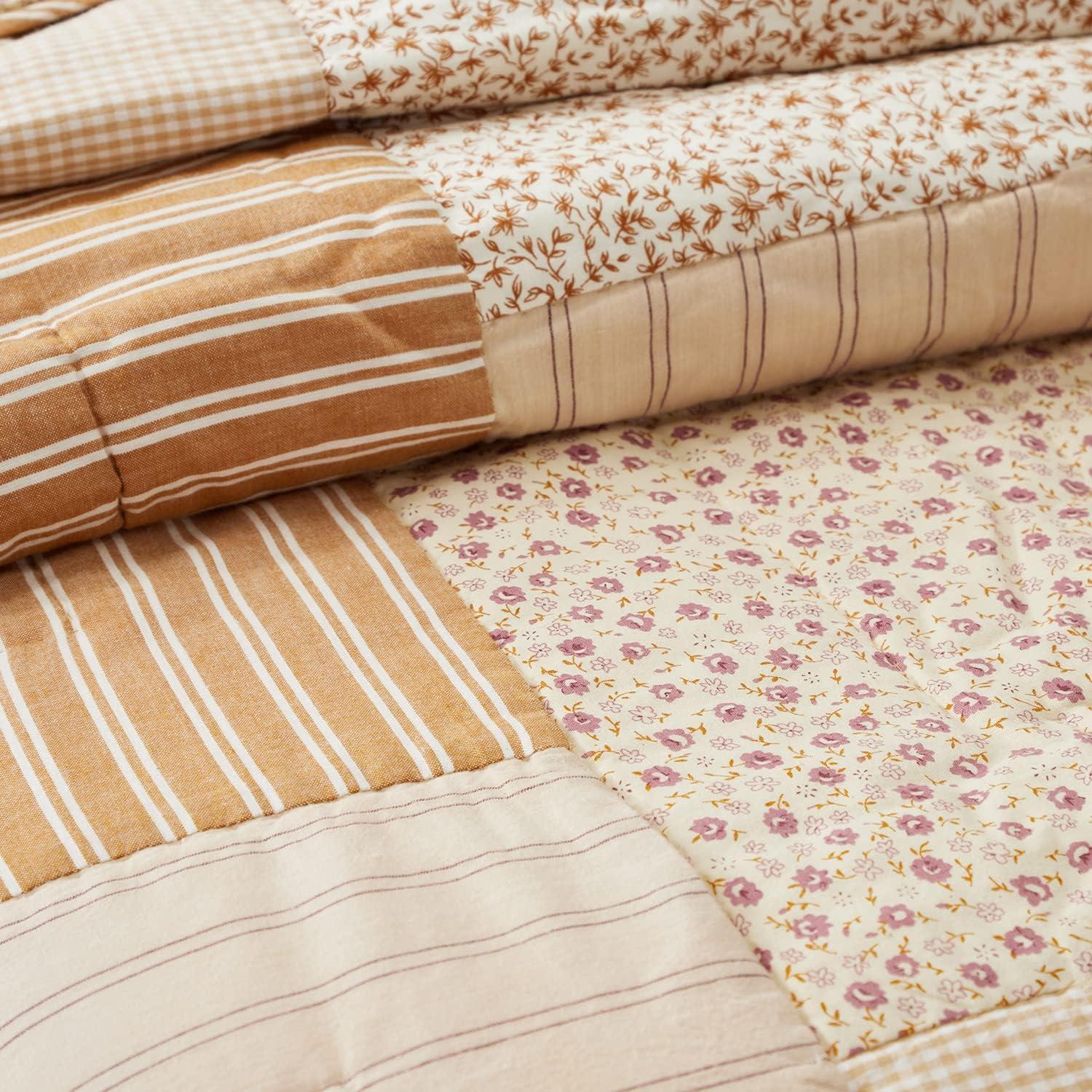 Golden Striped and Floral Reversible Twin Cotton Quilt