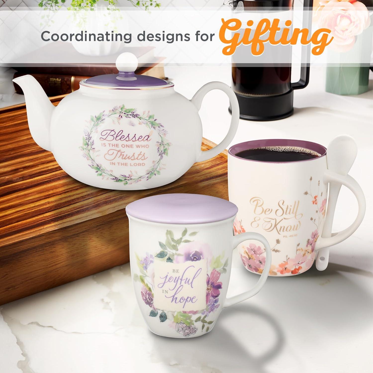 Christian Art Gifts Coffee and Tea Scripture Mug with Ceramic Spoon Set for Women: Be Still and Know - Psalm 46:10 Inspirational Bible Verse Message Hot & Cold Beverage, Purple/White Floral, 12 oz.