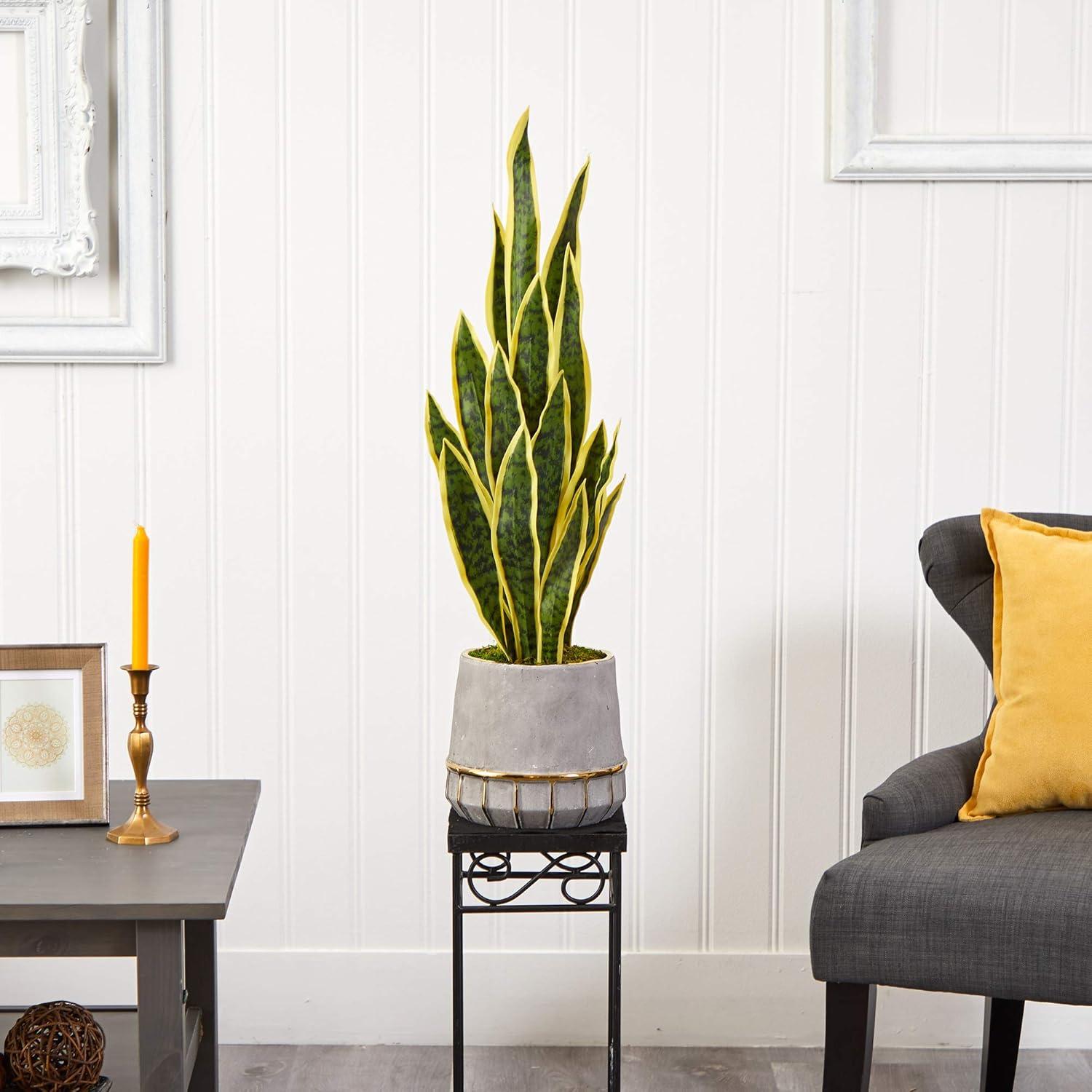 34" Faux Sansevieria in Stoneware Planter with Gold Trim