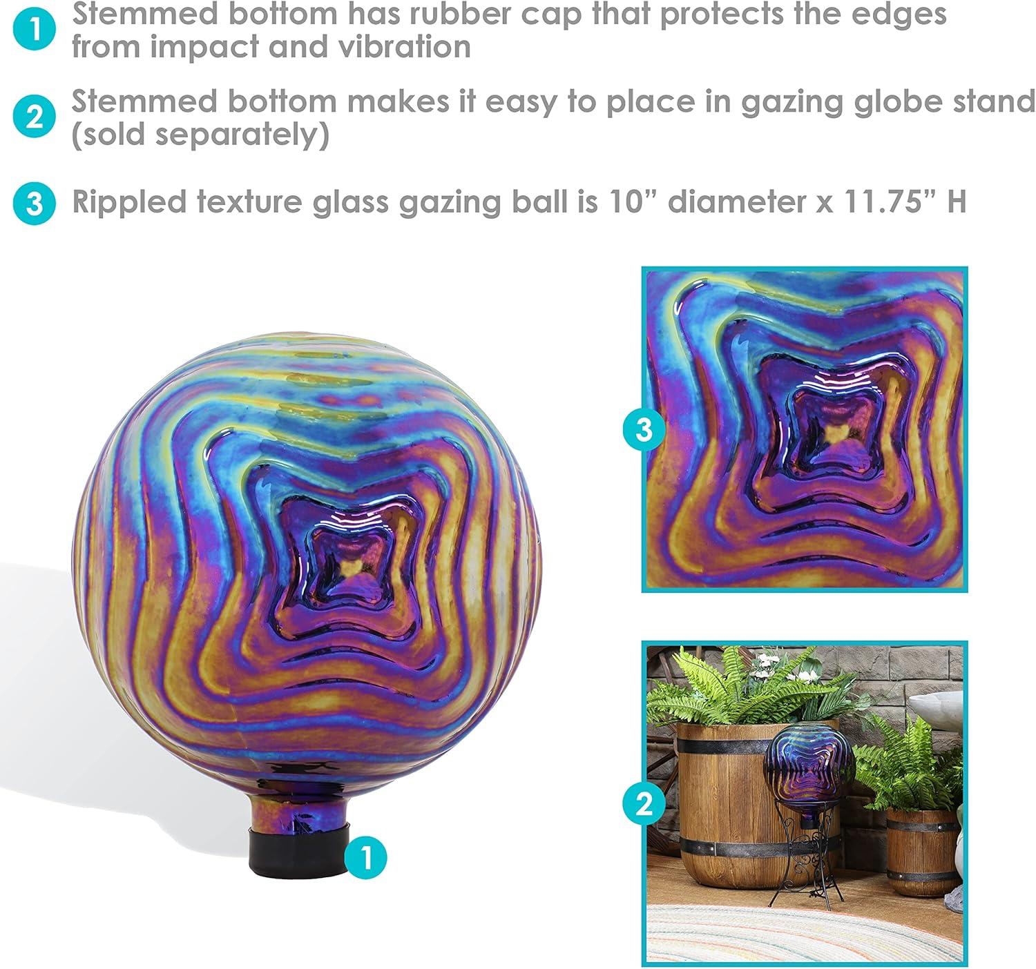 Sunnydaze Rippled Texture Indoor/Outdoor Gazing Globe Glass Garden Ball - 10" Diameter - Blue, Purple and Gold