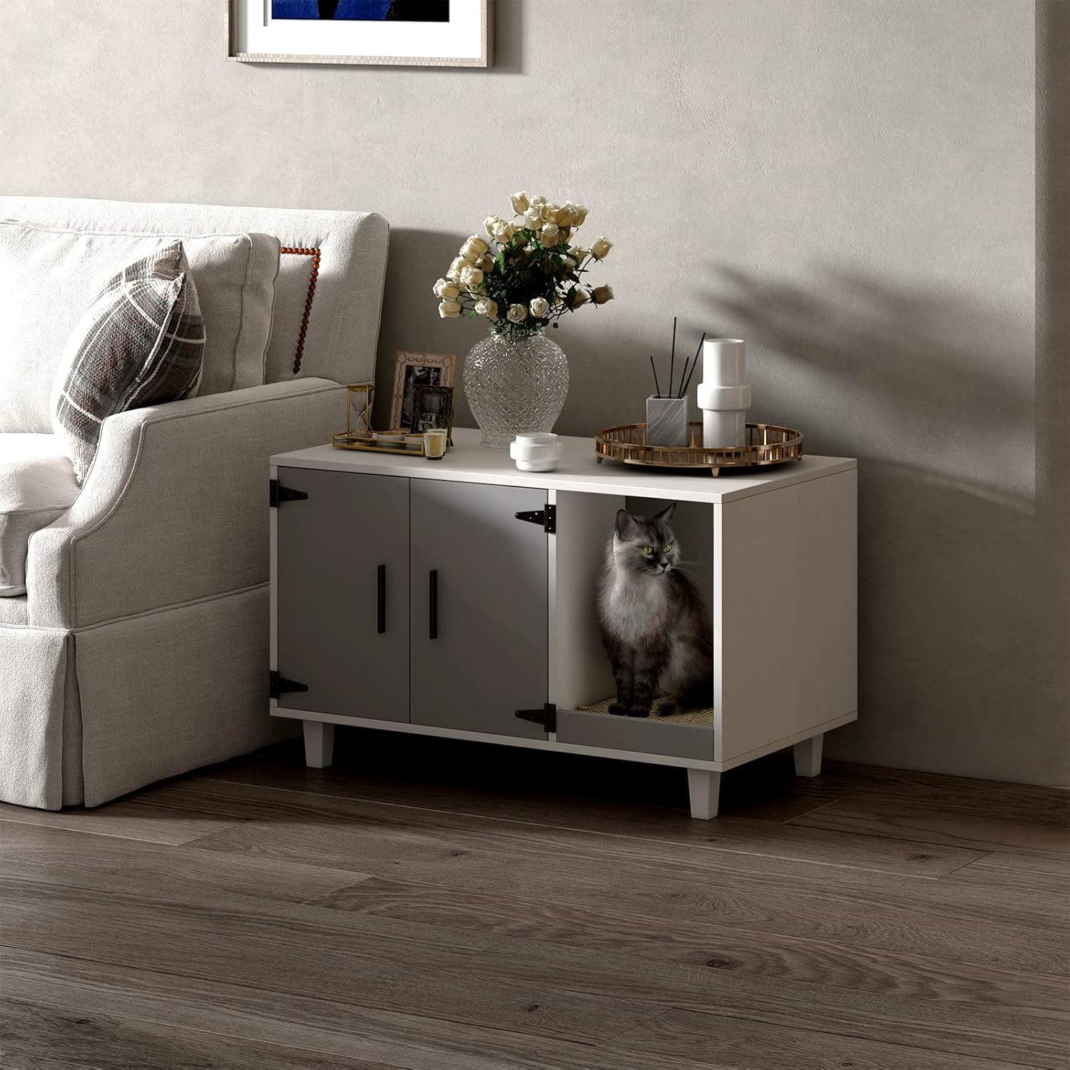 GDLF Pet Crate Cat Washroom Hidden Litter Box Enclosure  as Table Nightstand with Scratch Pad,Stackable