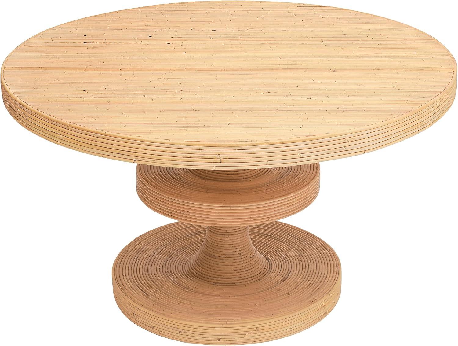 Beige Rattan and Glass Round Dining Table for Six