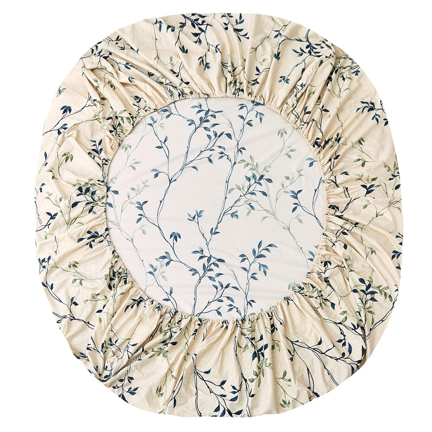 JSD Beige Leaves Printed Sheet Set Queen Size, 4 Piece Botanical Pattern Microfiber Sheets Extra Deep Pocket
