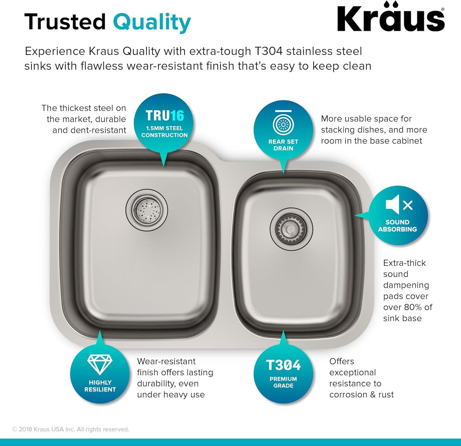 KRAUS Premier 32-inch L 16 Gauge Undermount 60/40 Double Bowl Stainless Steel Kitchen Sink