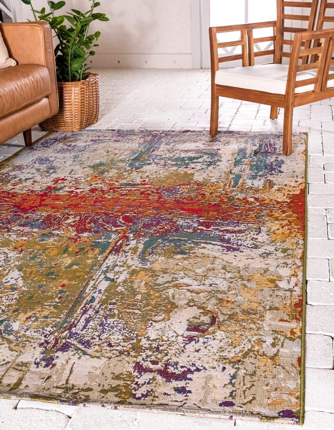 Unique Loom Outdoor Modern Collection Area Rug - Crumpled (10' x 12' 2" Rectangle Multi/Gold)