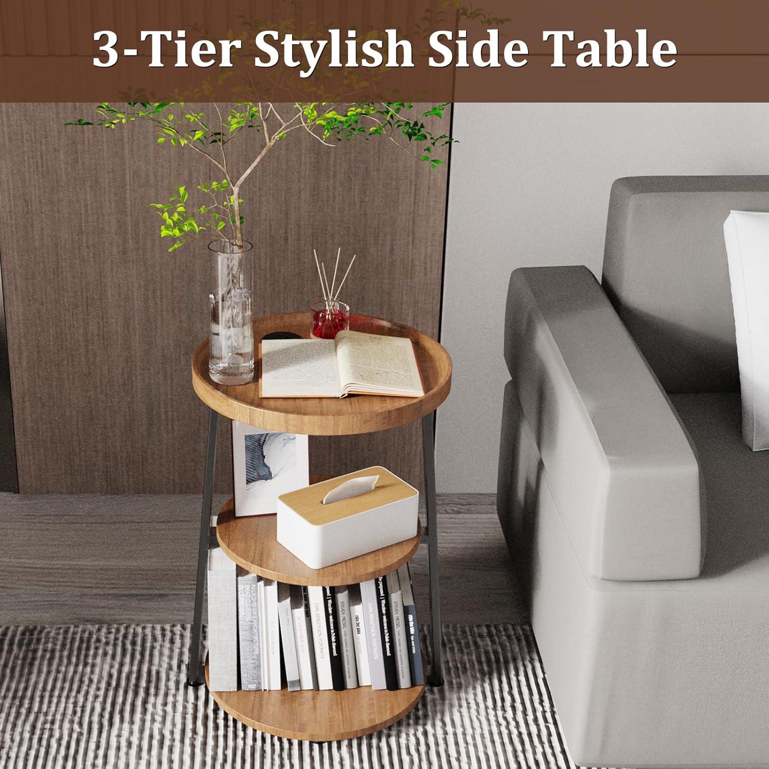 Round End Table with Charging Station, 3-Tier Accent Side Table for Living Room Bedroom Couch, Coffee Table for Small Spaces (Rustic Brown-Charging Station)