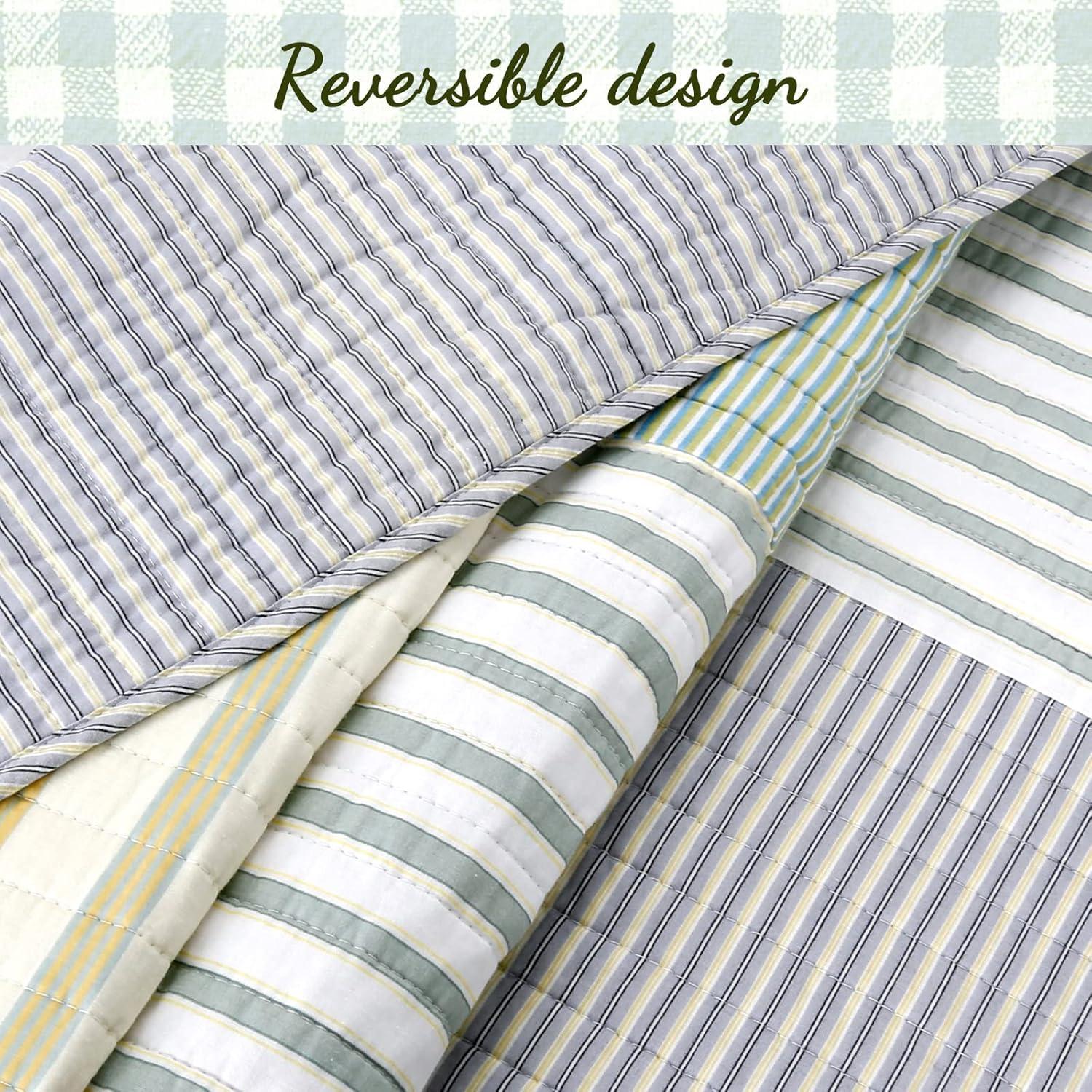 Cozy Line Home Fashions Green Yellow Blue Plaid Striped Real Patchwork 100% Cotton, Reversible Coverlet, Bedspread, Quilt Bedding Set (Green Patchwork, King - 3 Piece)