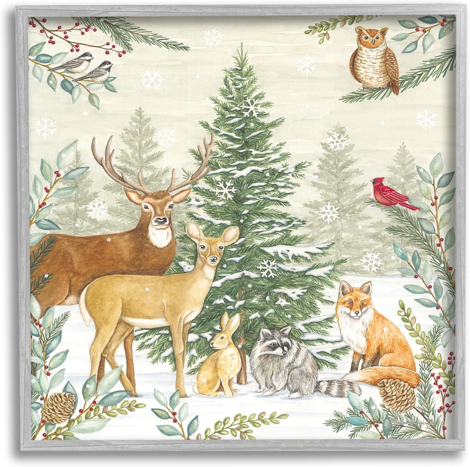 Winter Woodland Animals Canvas Print in Gray Frame