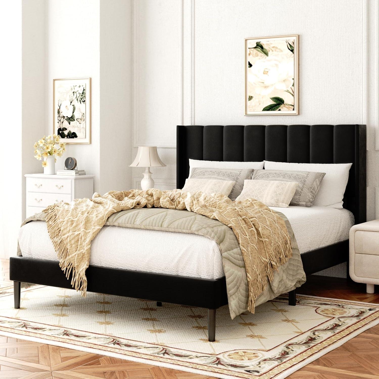 Full Size Black Velvet Upholstered Bed Frame with Tufted Headboard and Storage Drawer