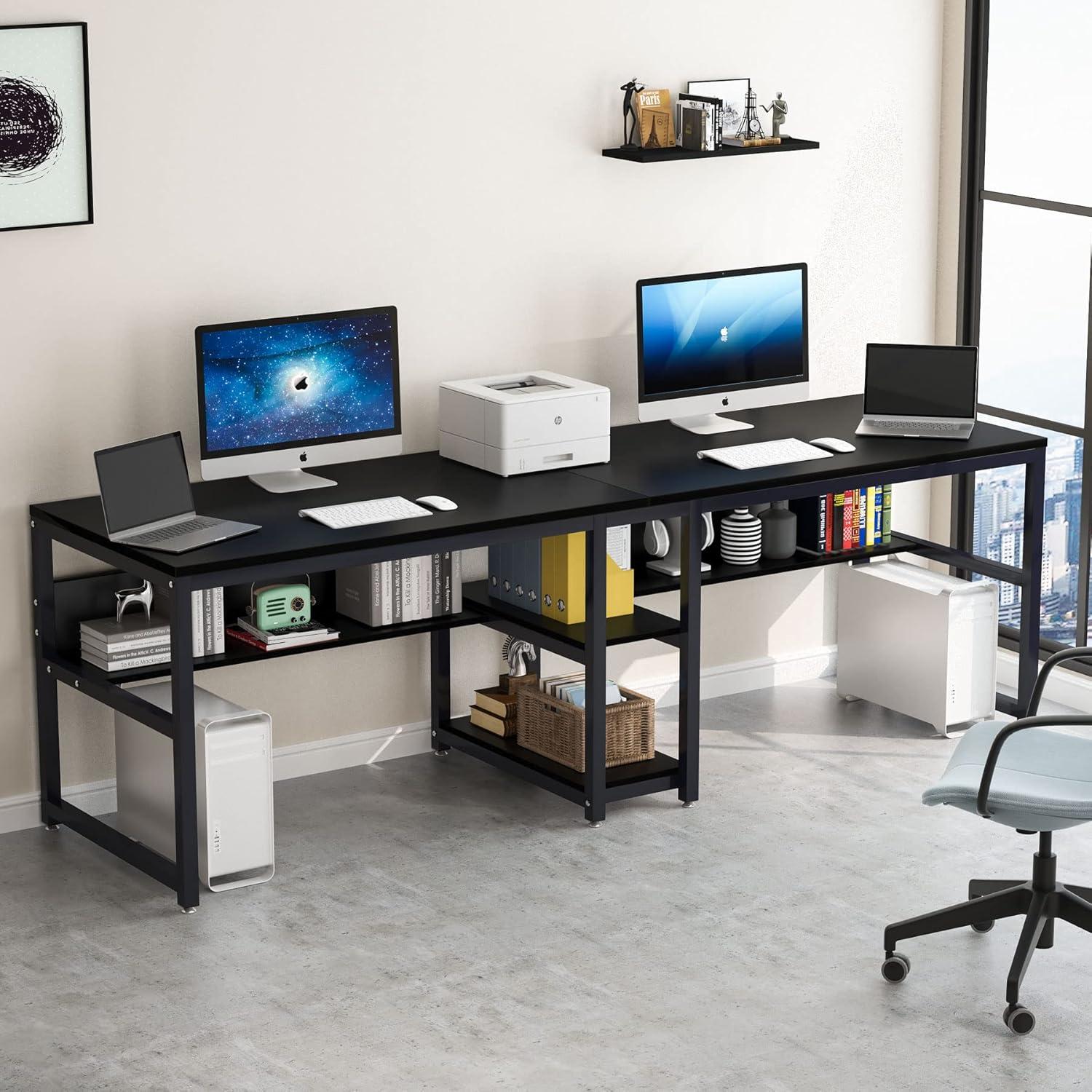 Tribesigns 78.7 Two Person Desk, Computer Double Office Desk with Bookshelf for Two Person, Industrial Writing Desk Workstation with Shelf for Home Office (Black)