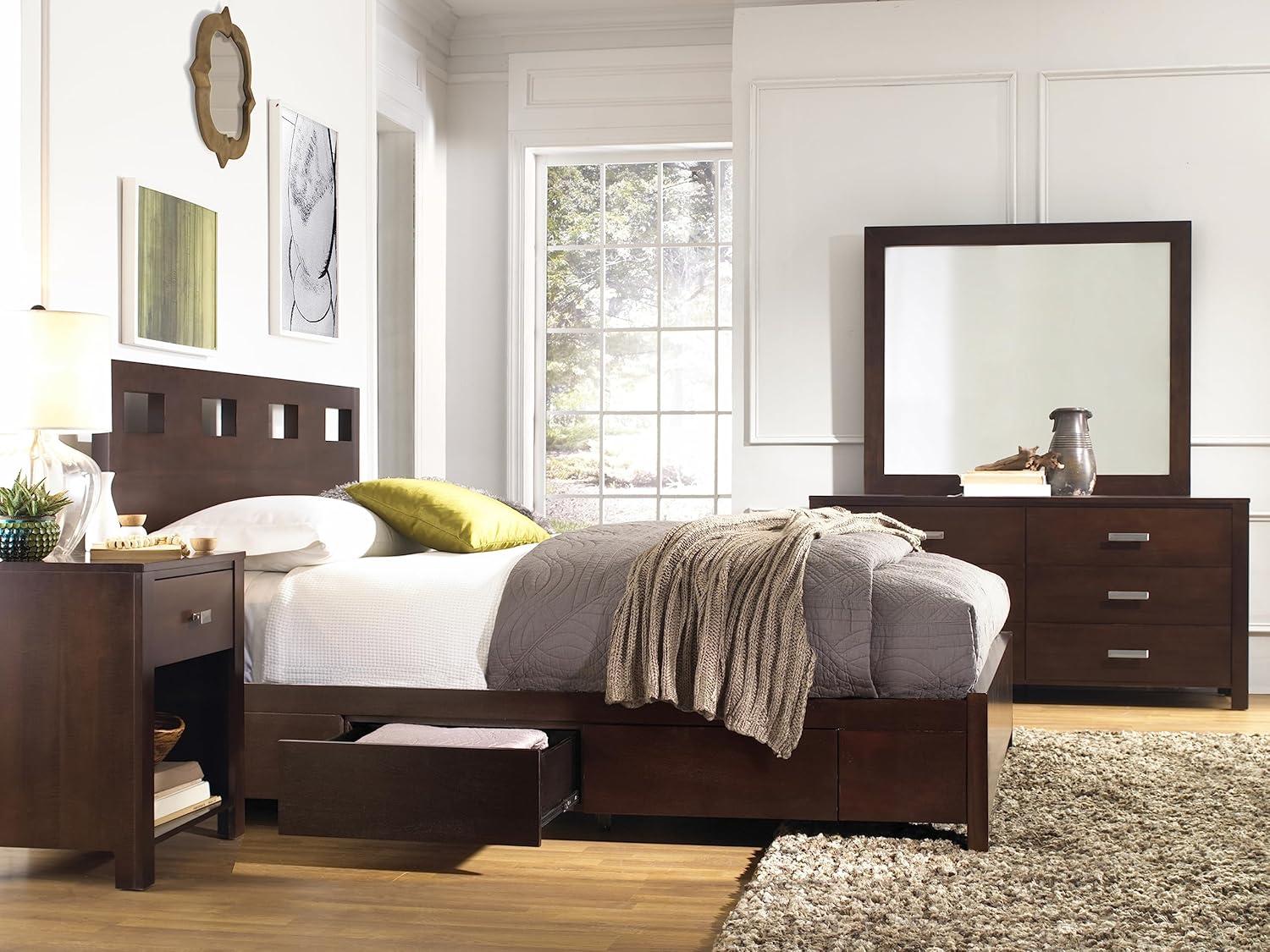 King-Sized Riva Storage Bed with Upholstered Wood Headboard in Chocolate Brown