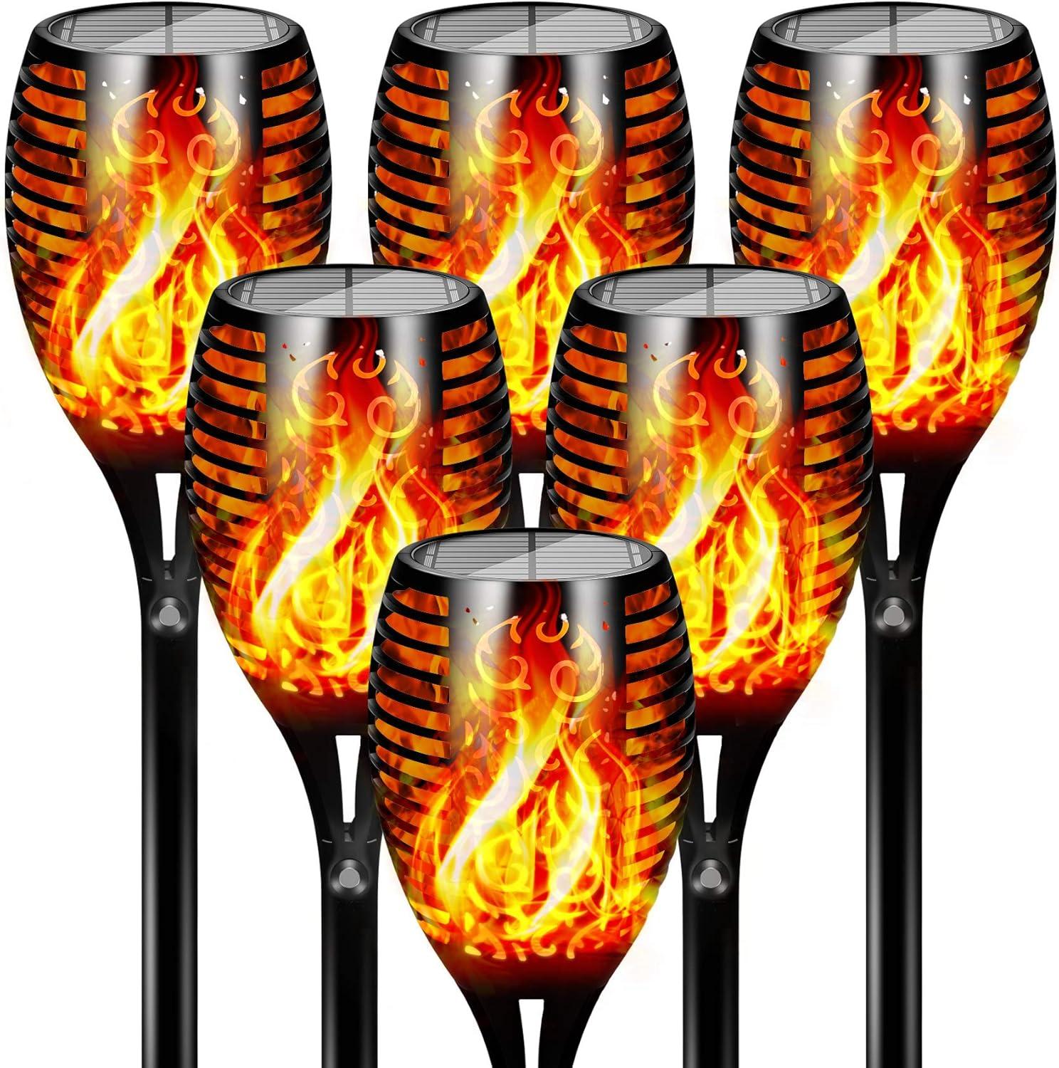 Solar Powered LED Flickering Flame Torch Lights, 6-Pack, Black and Orange