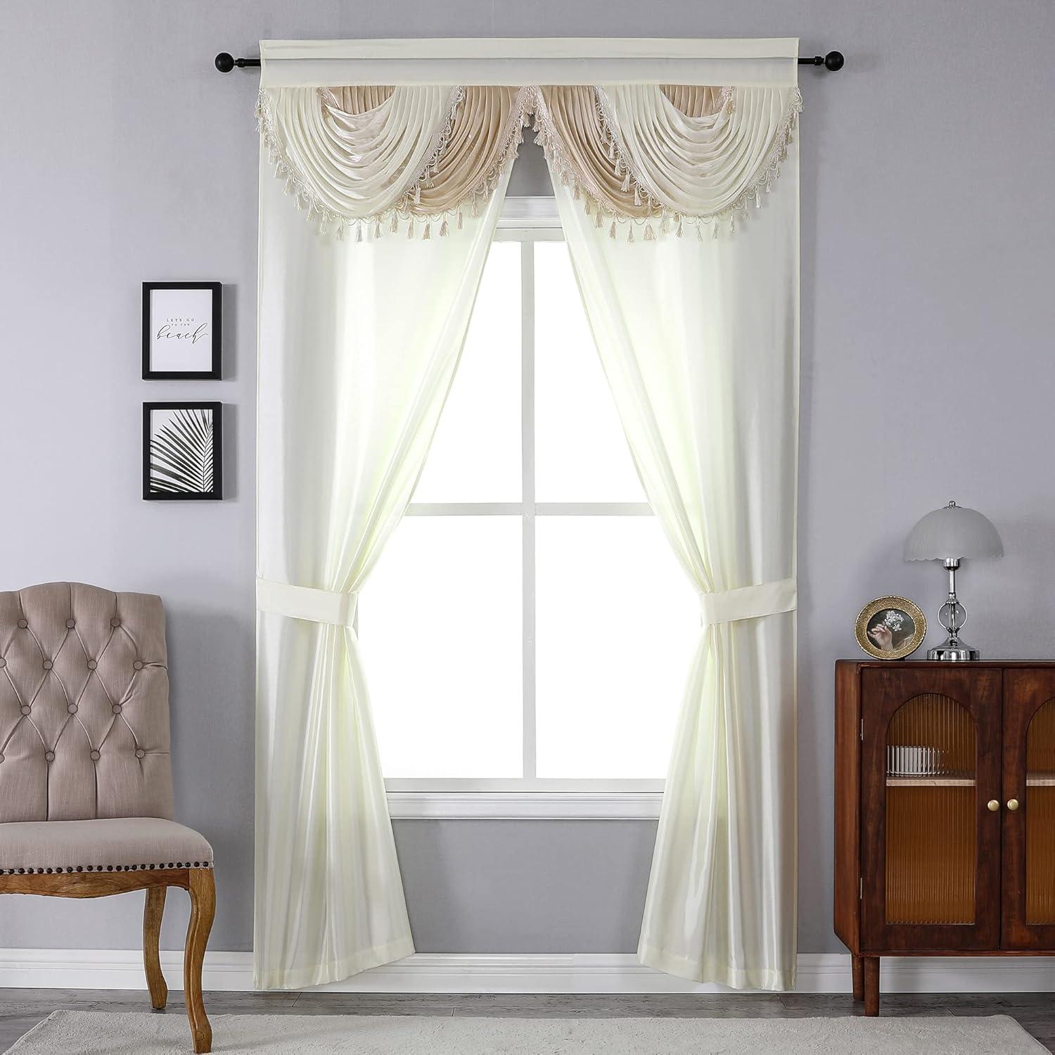 Regal Home Collections Amore Curtains 5-Piece Window Curtain Set - 54-Inch W x63-Inch L Panels with Attached Valance and 2 Tiebacks (Beige)