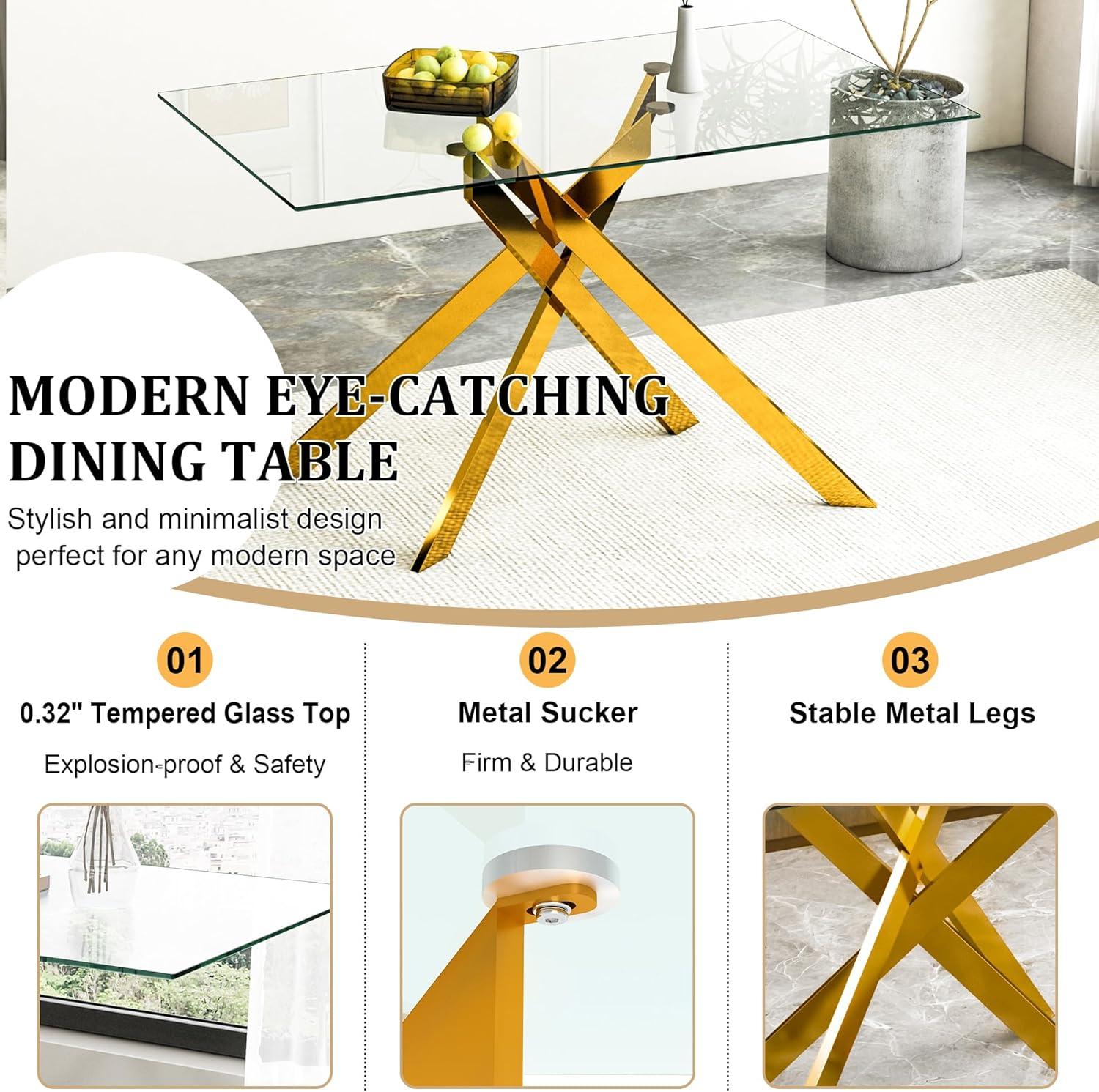 Henf 5 Piece Gold Dining Table Set for 4, Modern Glass Kitchen Table and Chairs for 4, Dining Room Table Set with 51" Glass Dinner Table & 4 White Faux Leather Chairs for Small Space,Home, Apartment