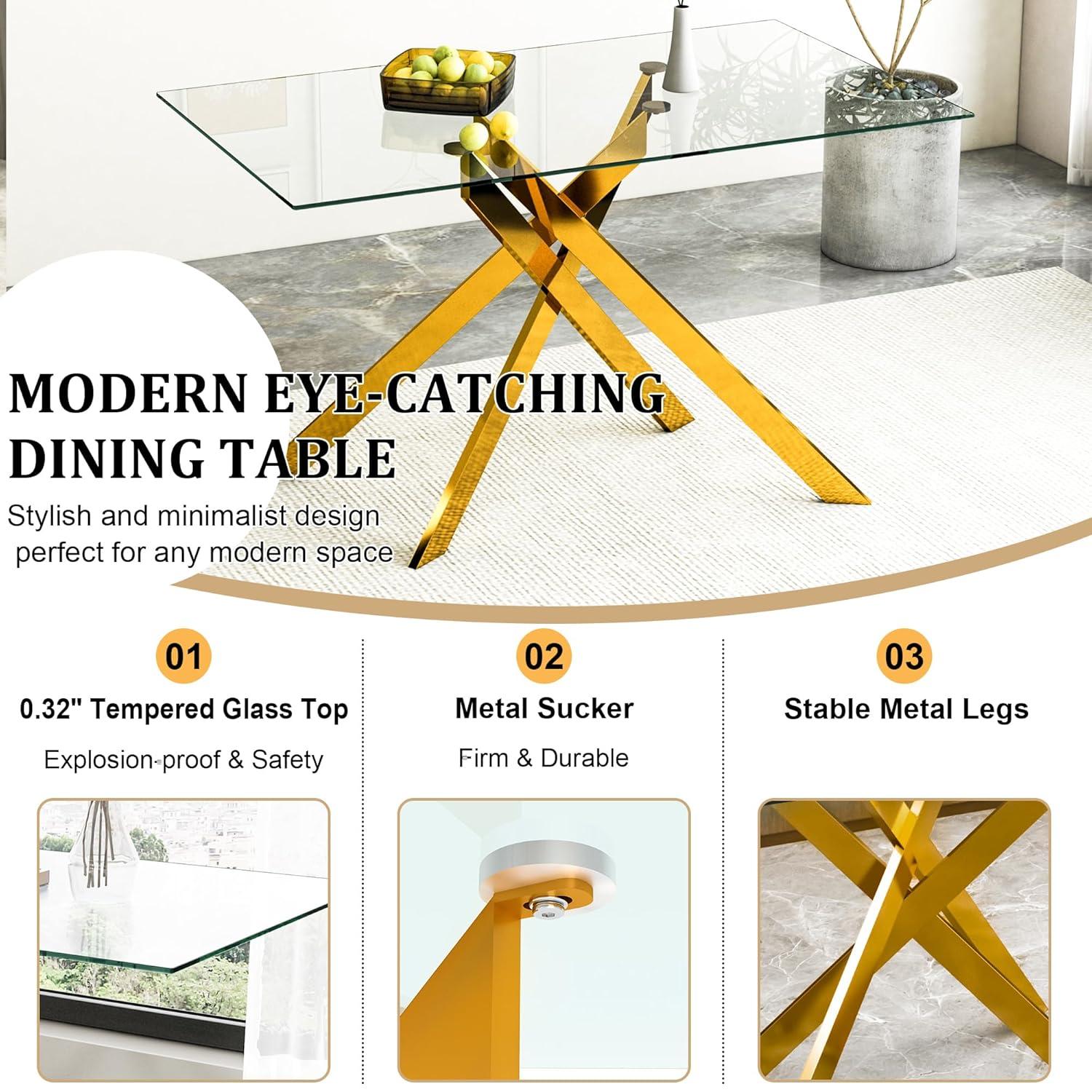 Henf 5 Piece Gold Dining Table Set for 4, Modern Glass Kitchen Table and Chairs for 4, Dining Room Table Set with 51" Glass Dinner Table & 4 White Faux Leather Chairs for Small Space,Home, Apartment