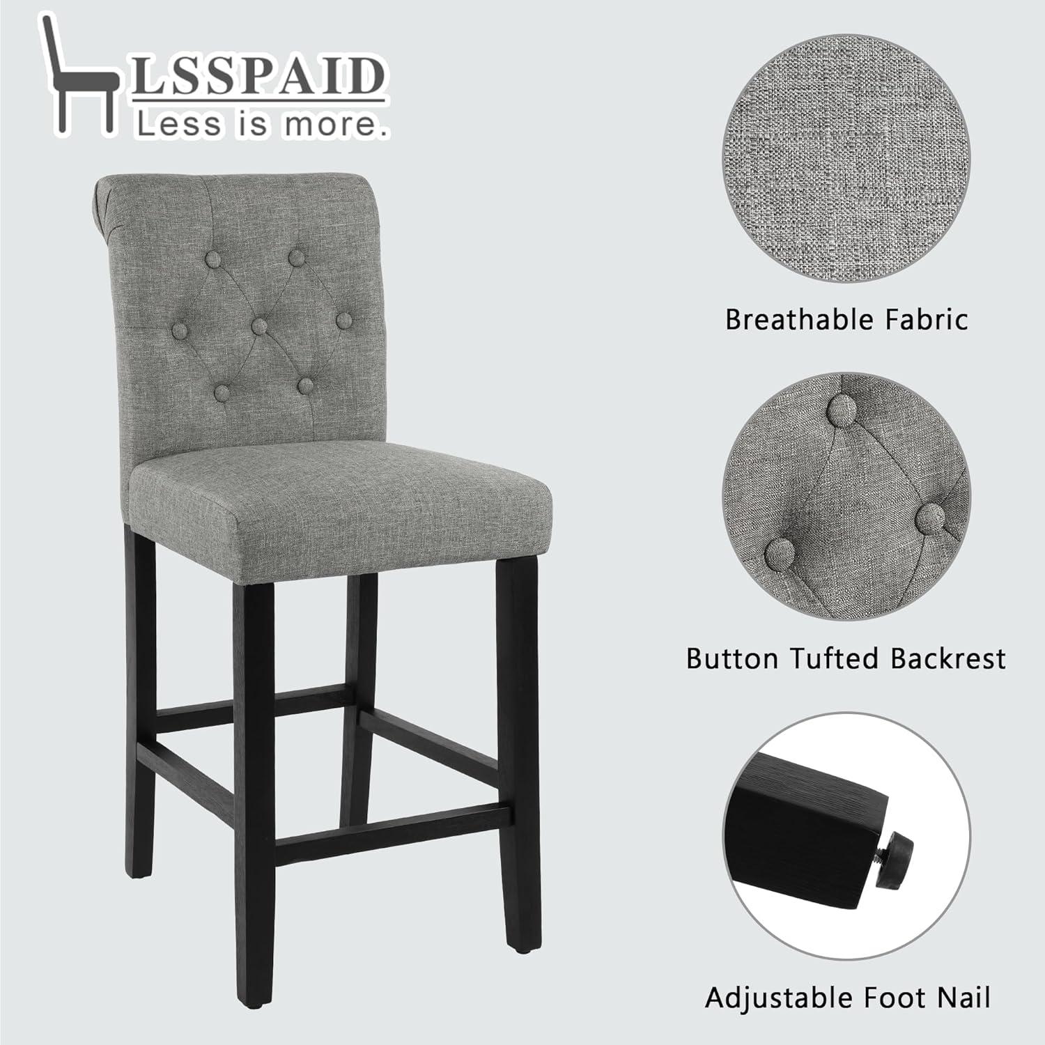 Drevy Bar Stools Set of 2, 24 inch Fabric Counter Height Bar Stools, Kitchen Island Wood Bar Chairs, Solid Wood Legs Barstools, Grey