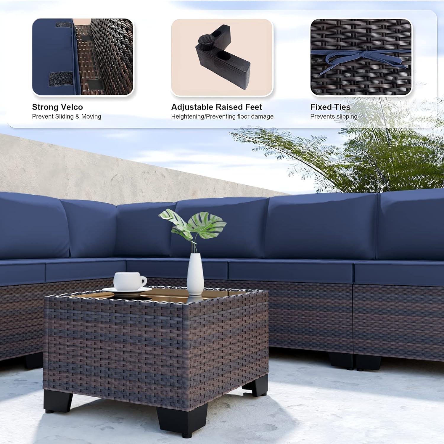 8-Person Brown Steel Wicker Outdoor Sectional Sofa Set with Navy Blue Cushions