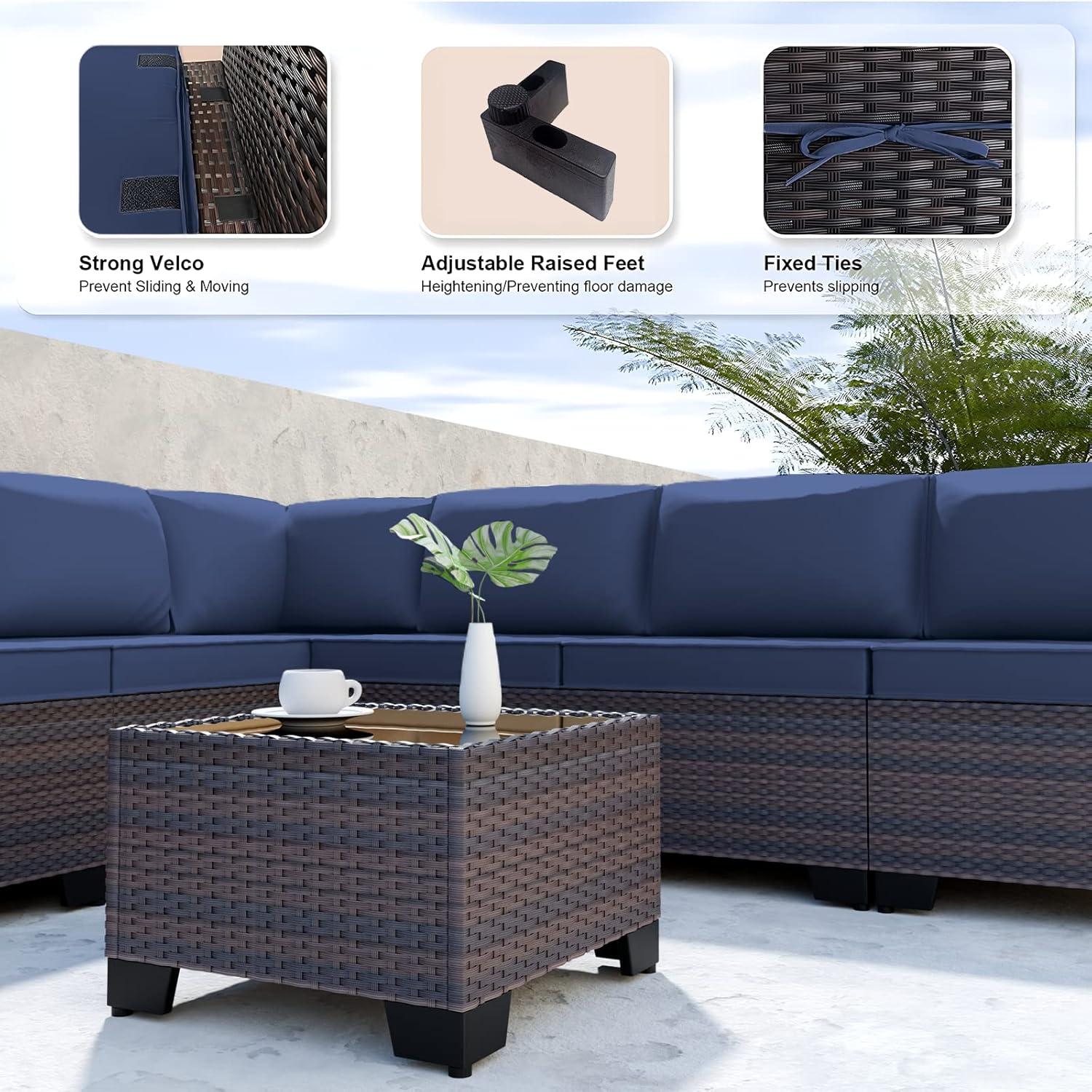Kullavik 9 Pieces Outdoor Patio Furniture Set Outdoor Sectional Rattan Sofa Set Brown Manual Wicker Patio Conversation Set with Navy Blue Cushions,1 Tempered Glass Tea Table and Cushions Covers
