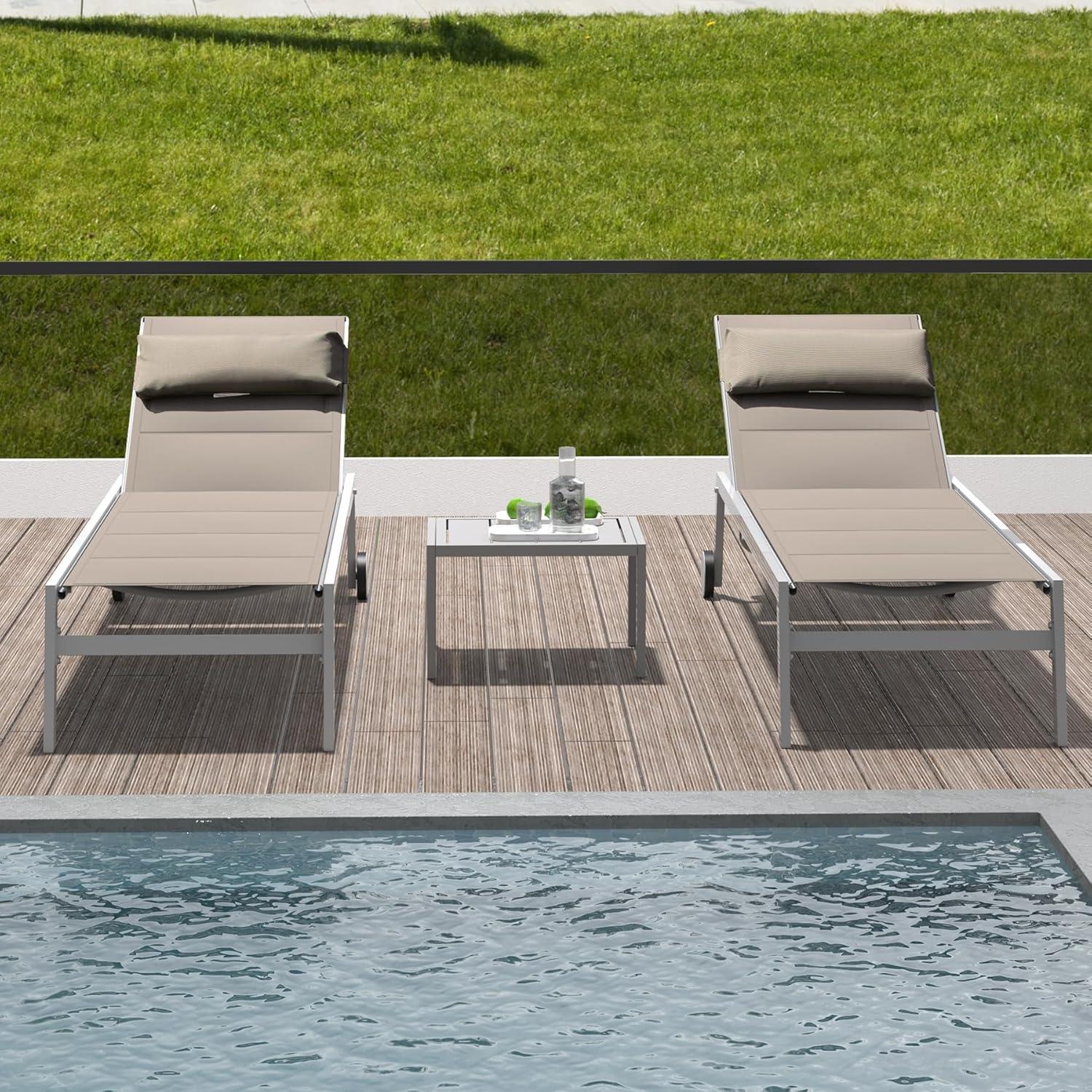 Khaki Aluminum Adjustable Outdoor Chaise Lounge Set with Side Table