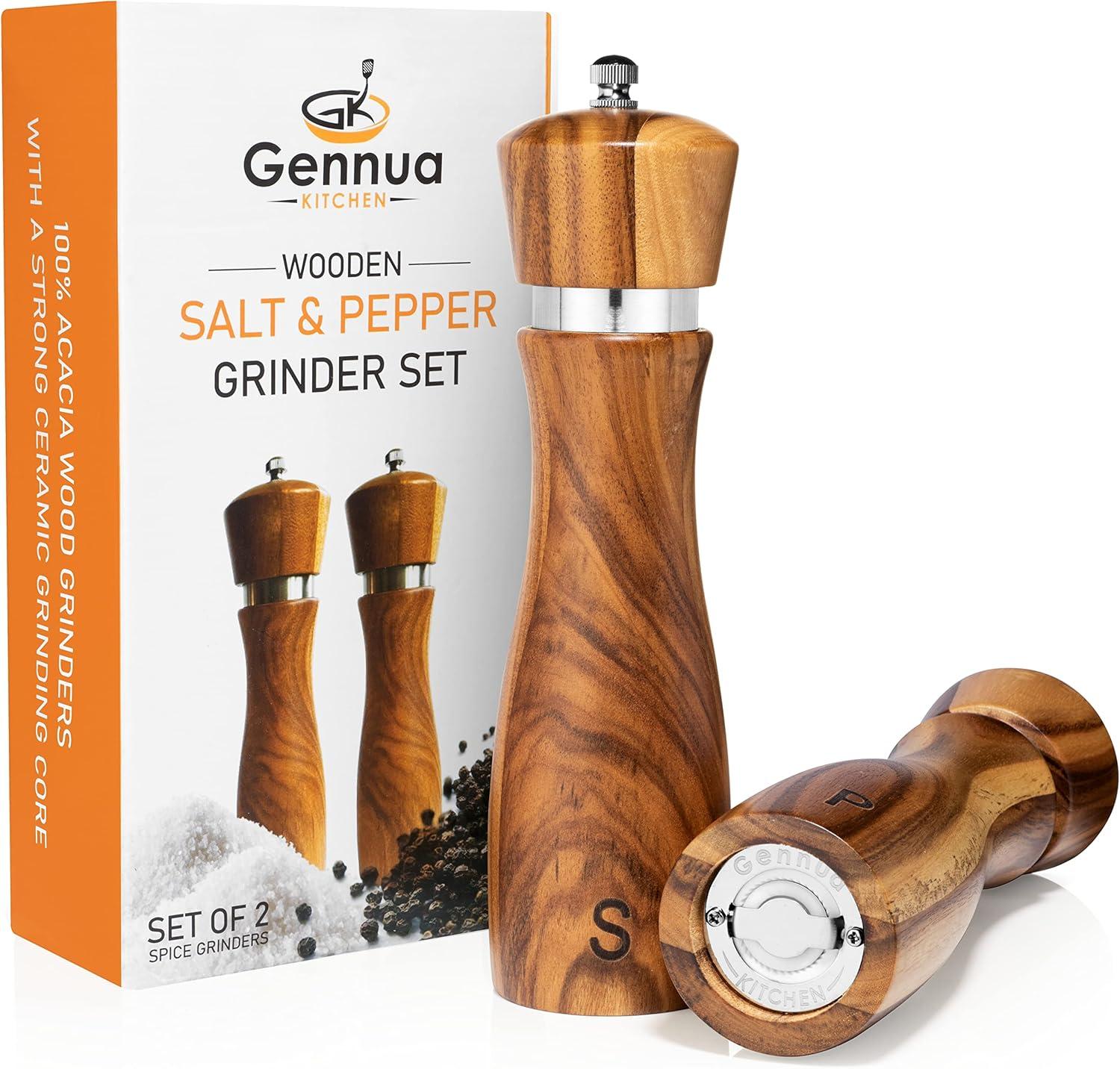 Wooden Salt and Pepper Grinder Set: Refillable Mills for Customized Coarseness - Ergonomic Design - Solid Acacia Wood - Stainless Steel Core - Perfect for Sea Salt and Peppercorns